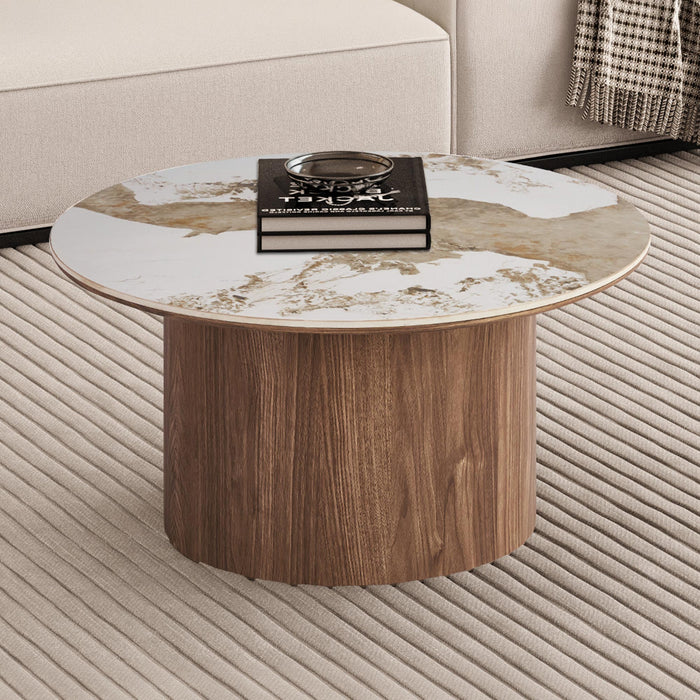 EVORA Table basse ronde en pierre frittée blanc pieds couleur bois clair D80 cm Mobilier Deco