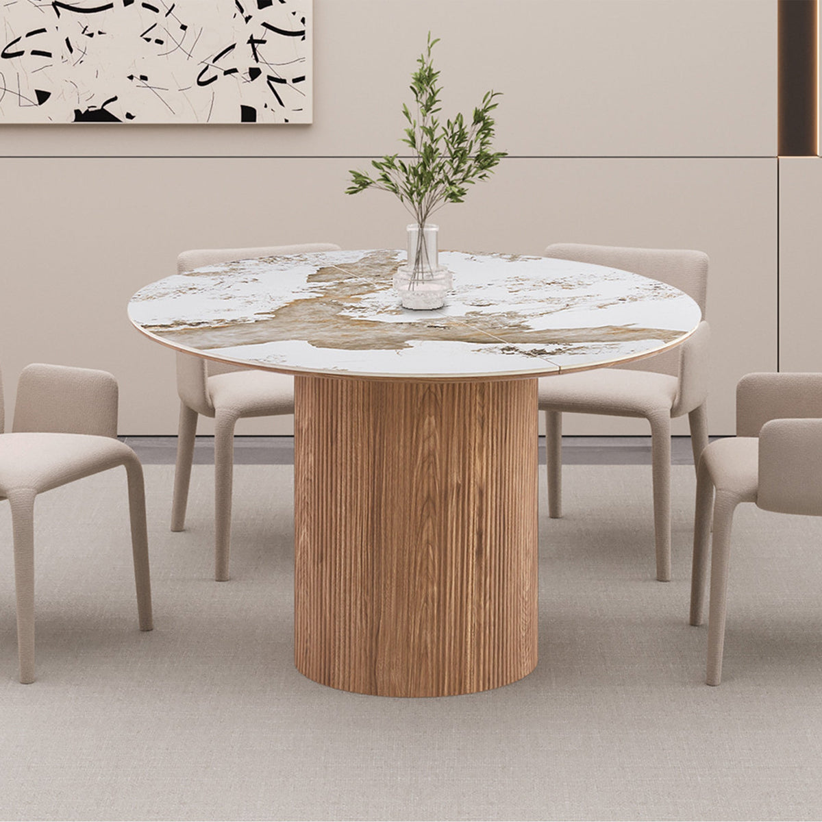 EVORA XL Table à manger extensible en pierre fritté blanc pieds couleur bois clair 120-200 cm - Mobilier Deco