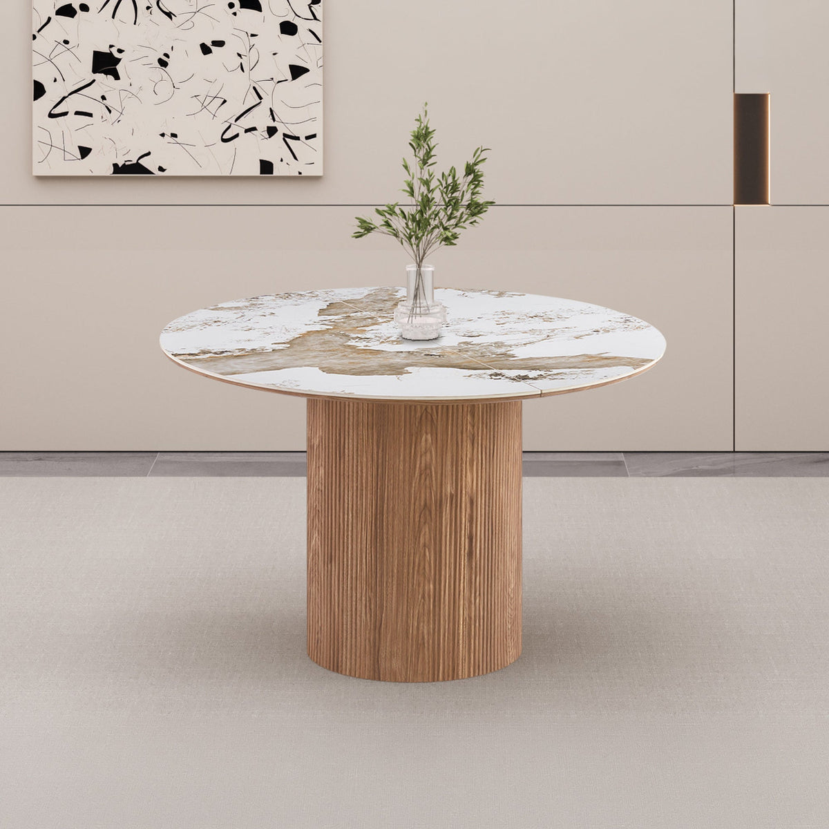 EVORA XL Table à manger extensible en pierre fritté blanc pieds couleur bois clair 120-200 cm - Mobilier Deco