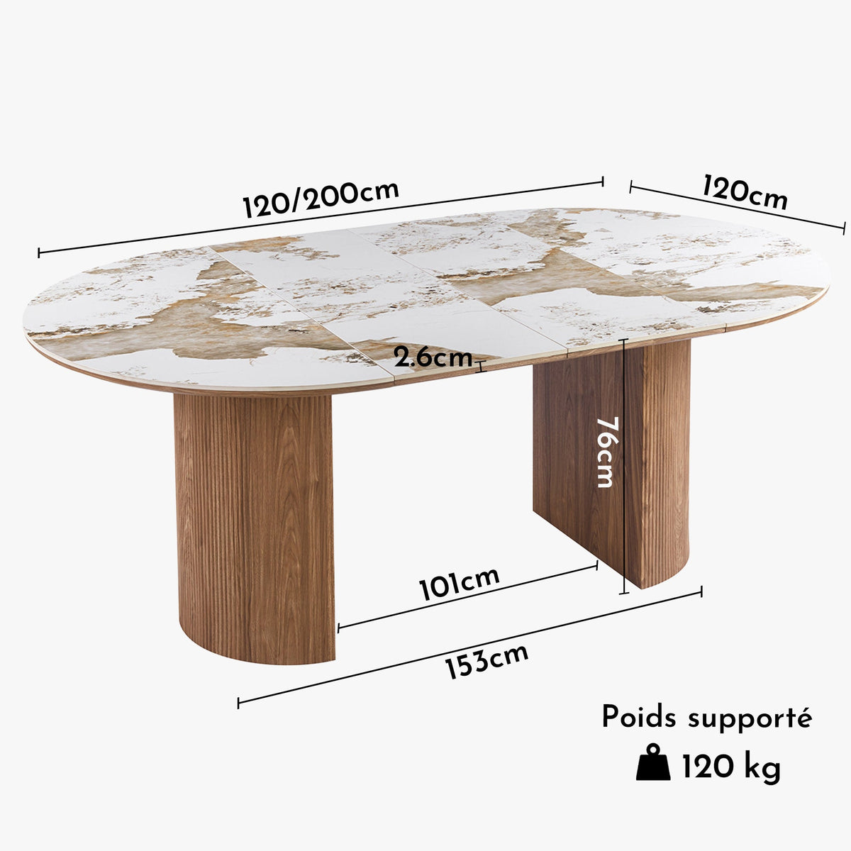 EVORA XL Table à manger extensible en pierre fritté blanc pieds couleur bois clair 120-200 cm - Mobilier Deco
