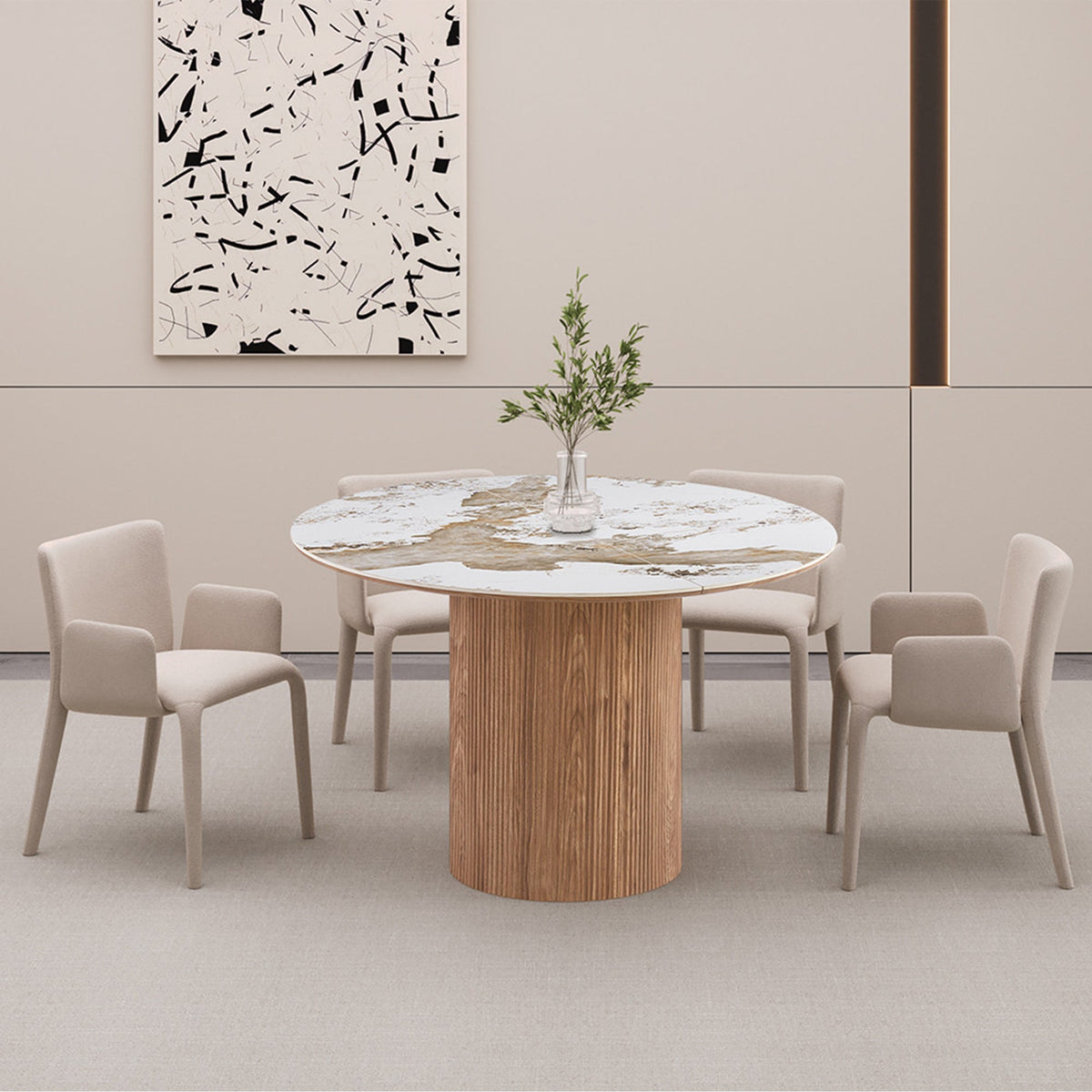 EVORA XL Table à manger extensible en pierre fritté blanc pieds couleur bois clair 120-200 cm - Mobilier Deco