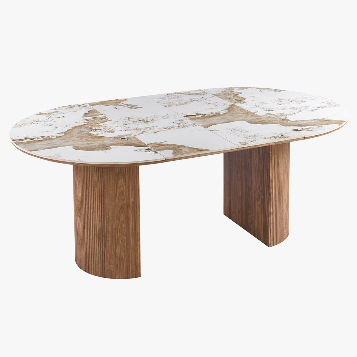 EVORA XL Table à manger extensible en pierre fritté blanc pieds couleur bois clair 120-200 cm - Mobilier Deco