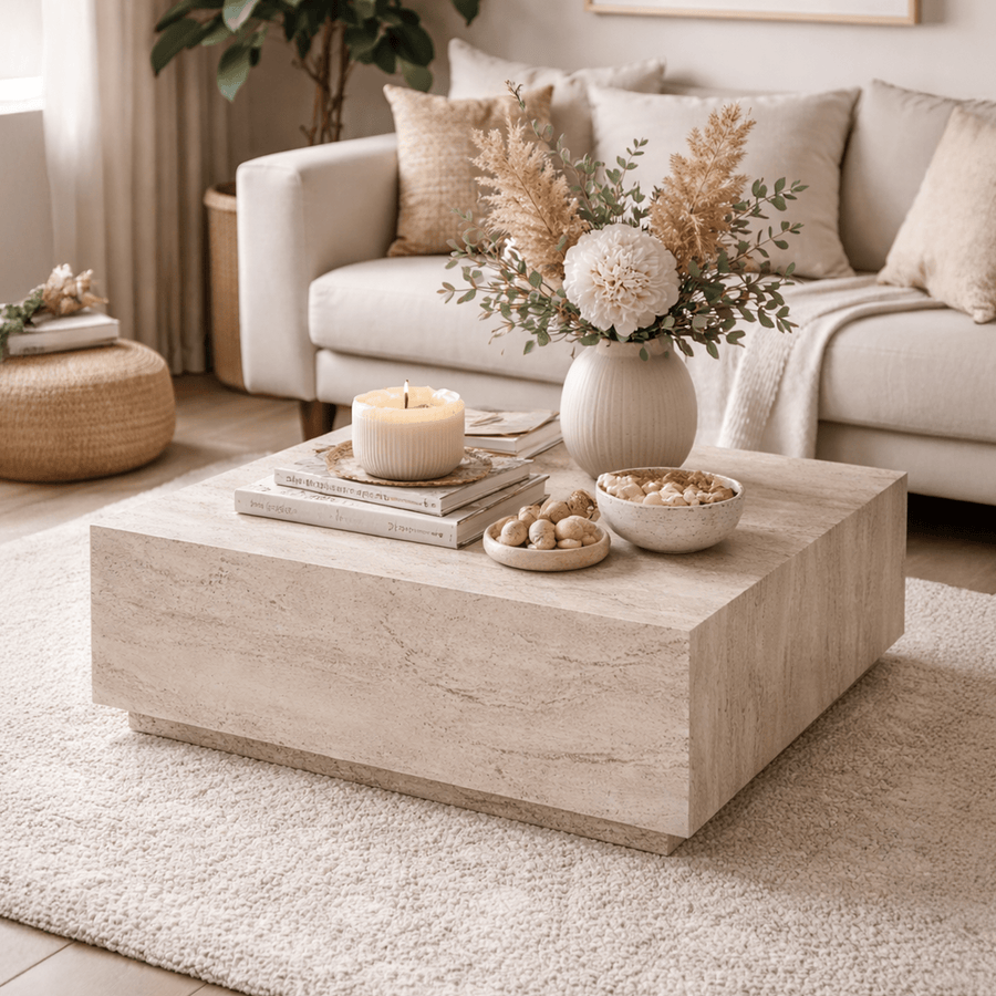 EYRA Table basse carrée beige 90 cm — aperçu vidéo