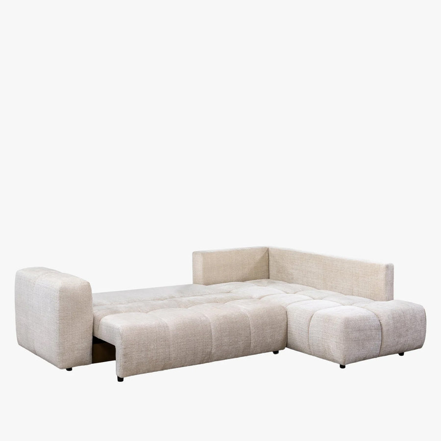 FANY Canapé d'angle convertible en tissu beige - Angle droit — aperçu vidéo