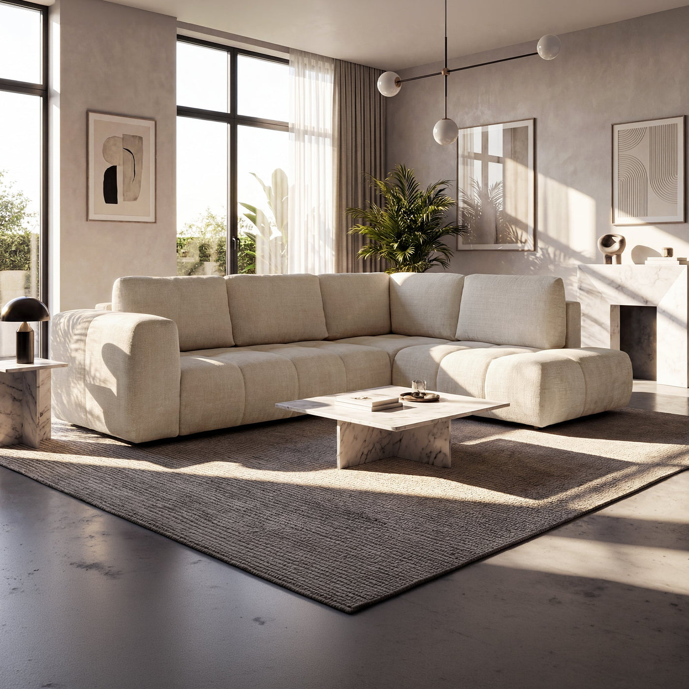 FANY Canapé d'angle convertible en tissu beige - Angle droit - Canapé d'angle convertible - Mobilier Deco