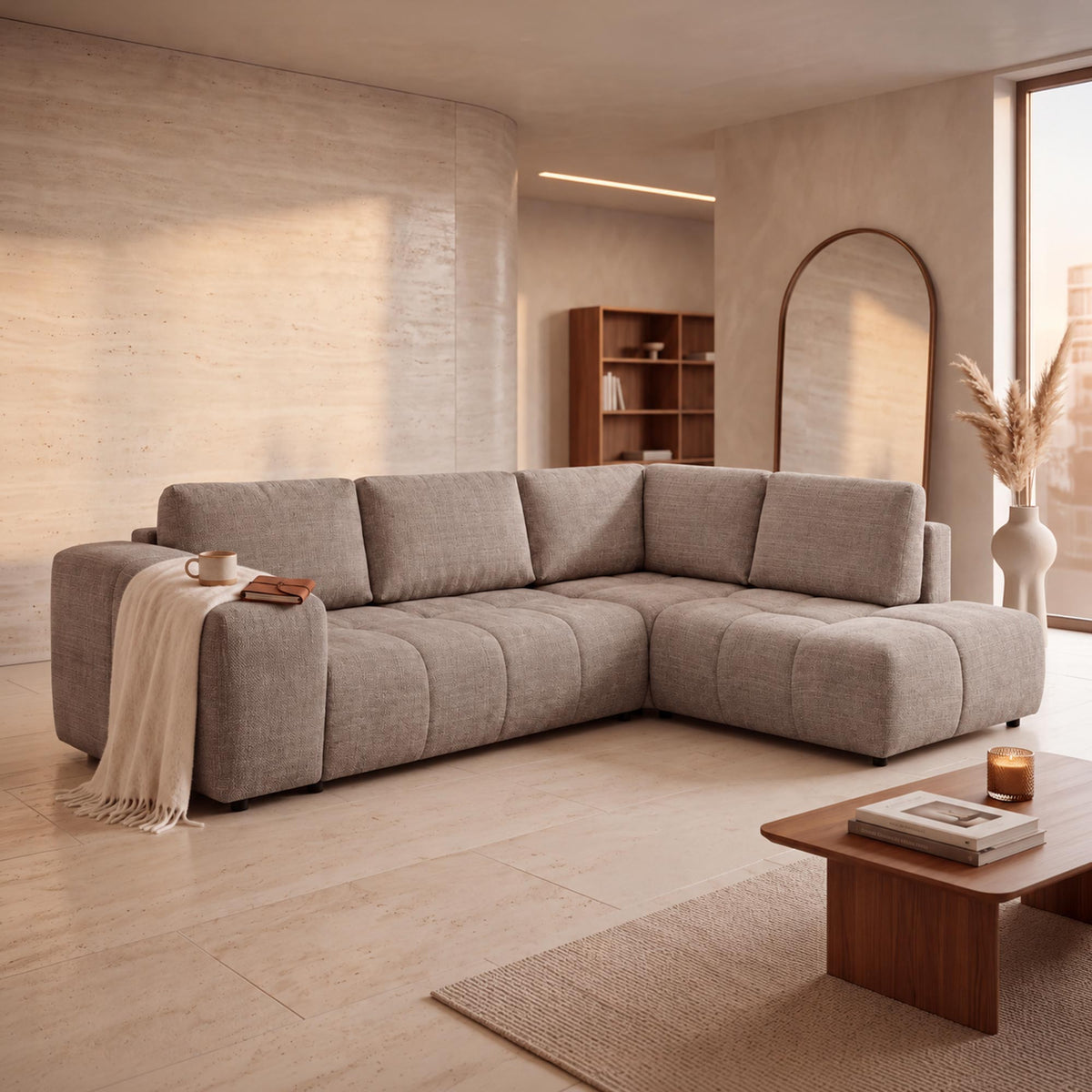 FANY Canapé d'angle convertible en tissu taupe - Angle droit - Canapé d'angle convertible - Mobilier Deco
