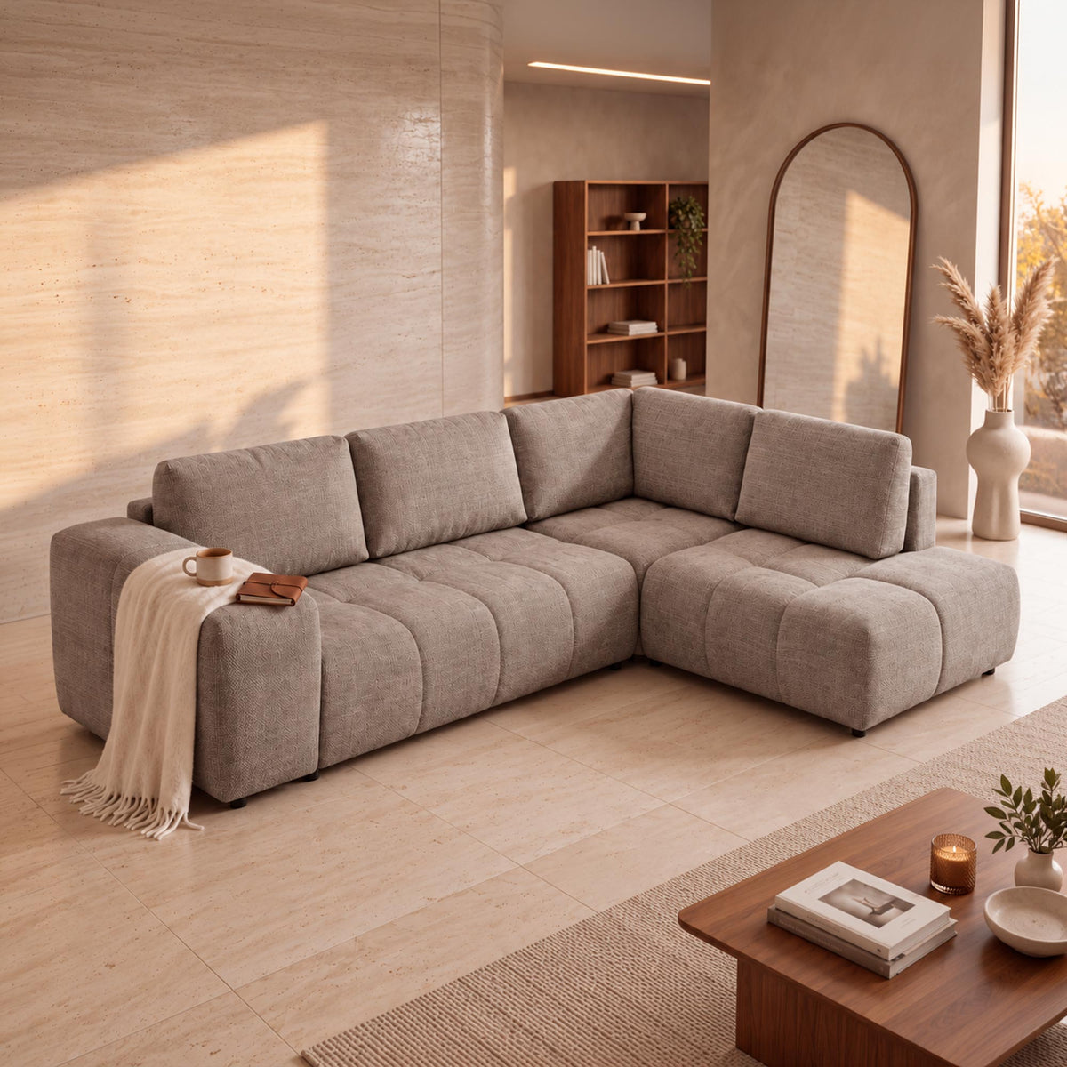 FANY Canapé d'angle convertible en tissu taupe - Angle droit - Canapé d'angle convertible - Mobilier Deco