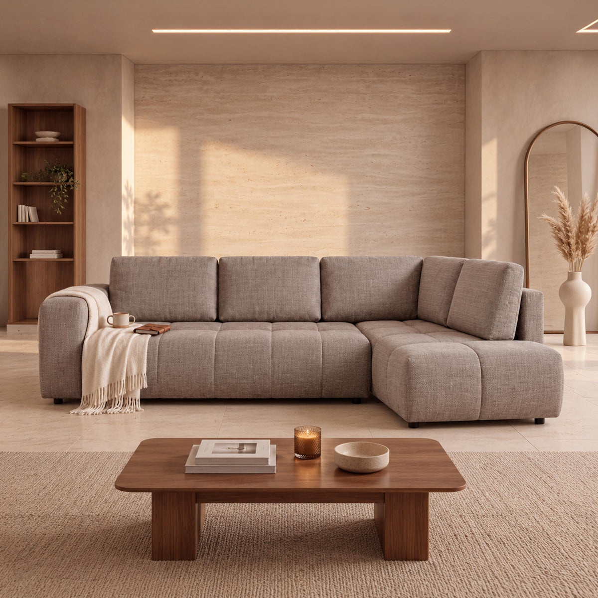 FANY Canapé d'angle convertible en tissu taupe - Angle droit - Canapé d'angle convertible - Mobilier Deco