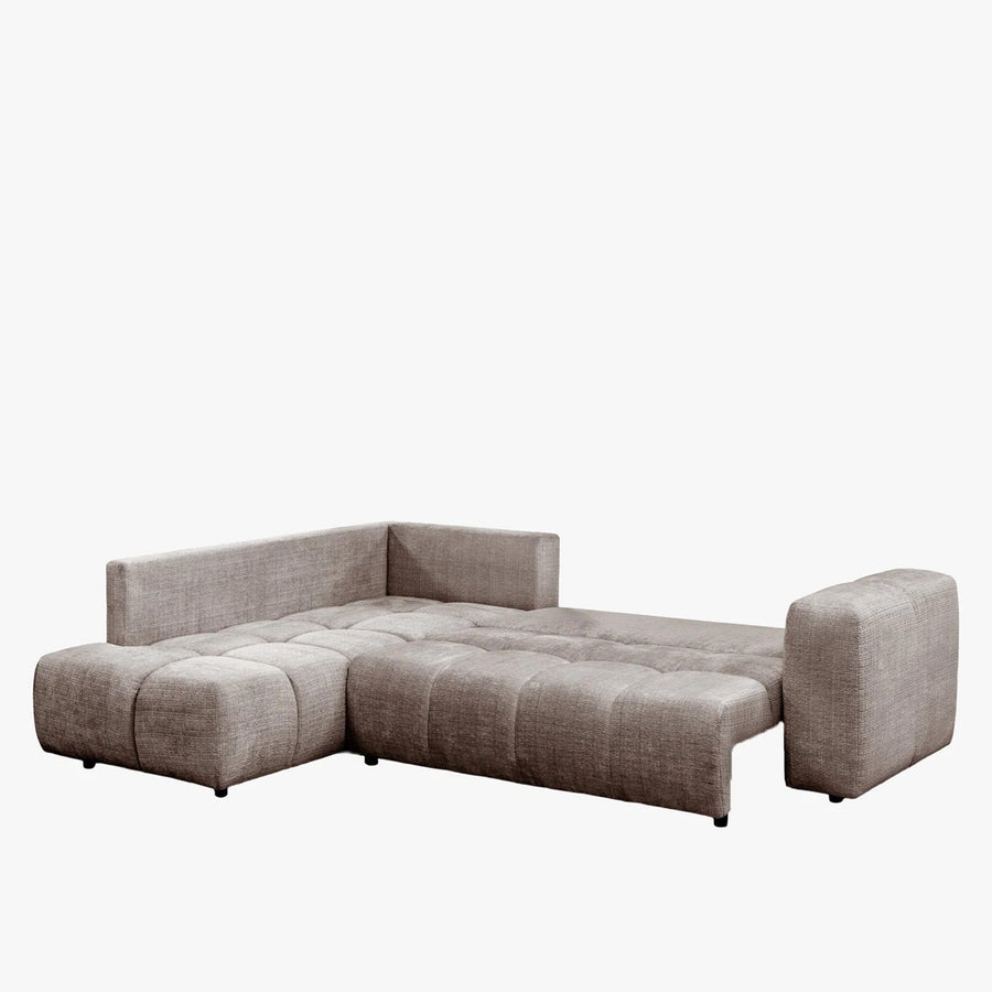 FANY Canapé d'angle convertible en tissu taupe - Angle gauche — aperçu vidéo