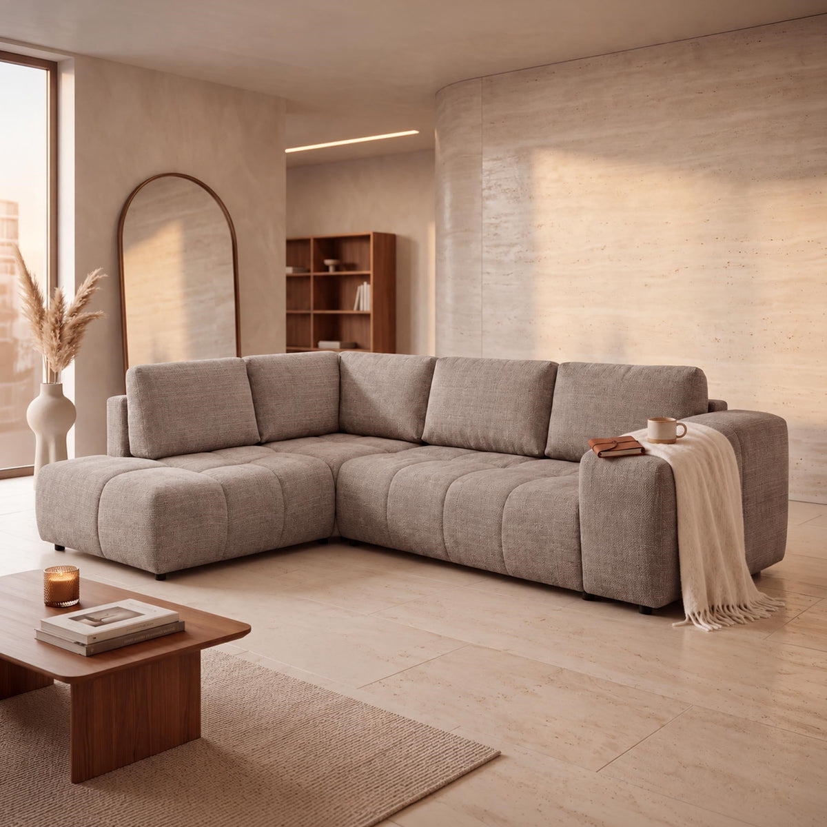 FANY Canapé d'angle convertible en tissu taupe - Angle gauche - Canapé d'angle convertible - Mobilier Deco