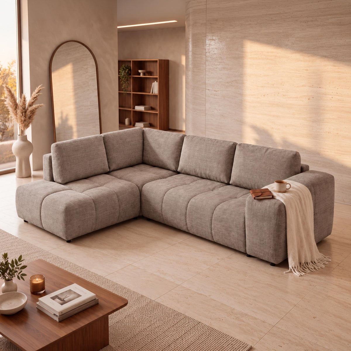 FANY Canapé d'angle convertible en tissu taupe - Angle gauche - Canapé d'angle convertible - Mobilier Deco