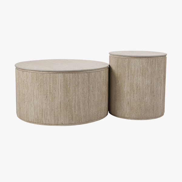 FARA Lot de 2 tables basses rondes plateau en céramique beige