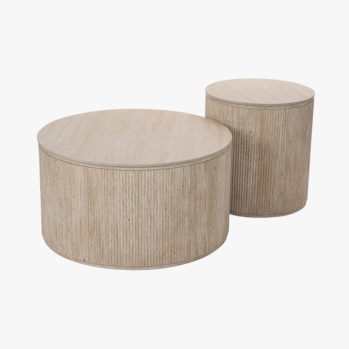 FARA Lot de 2 tables basses rondes plateau en céramique beige