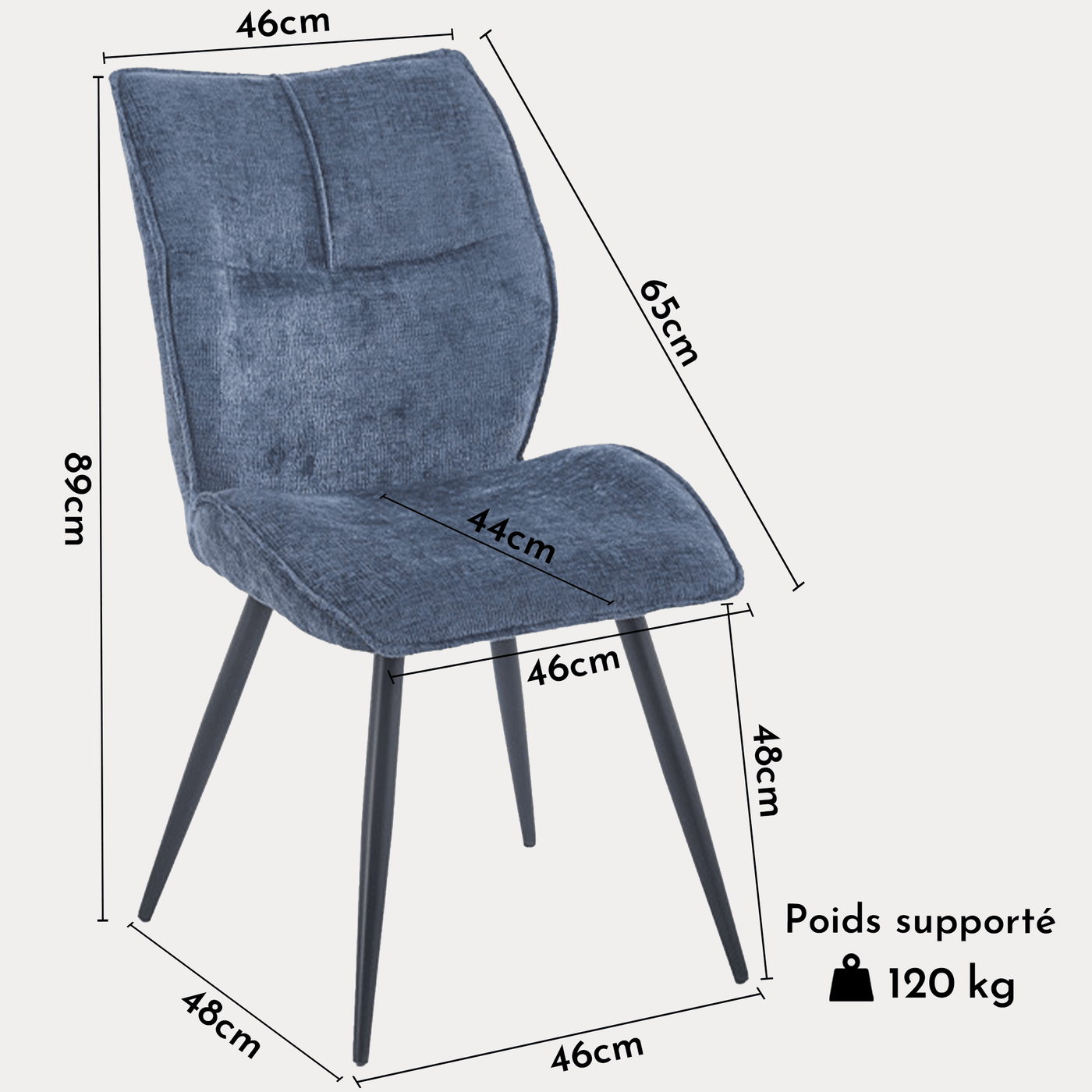 FAYE Lot de 2 chaises en tissu bleu pieds en métal noir - Chaise de repas - Mobilier Deco