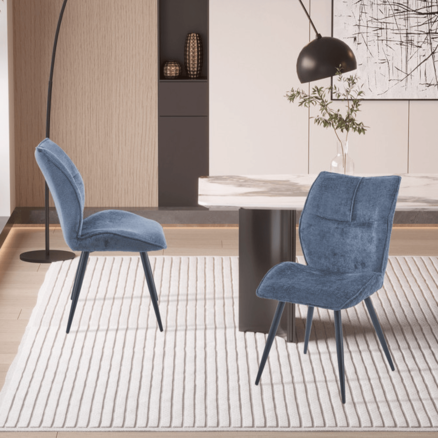 FAYE Lot de 2 chaises en tissu bleu pieds en métal noir - Chaise de repas - Mobilier Deco