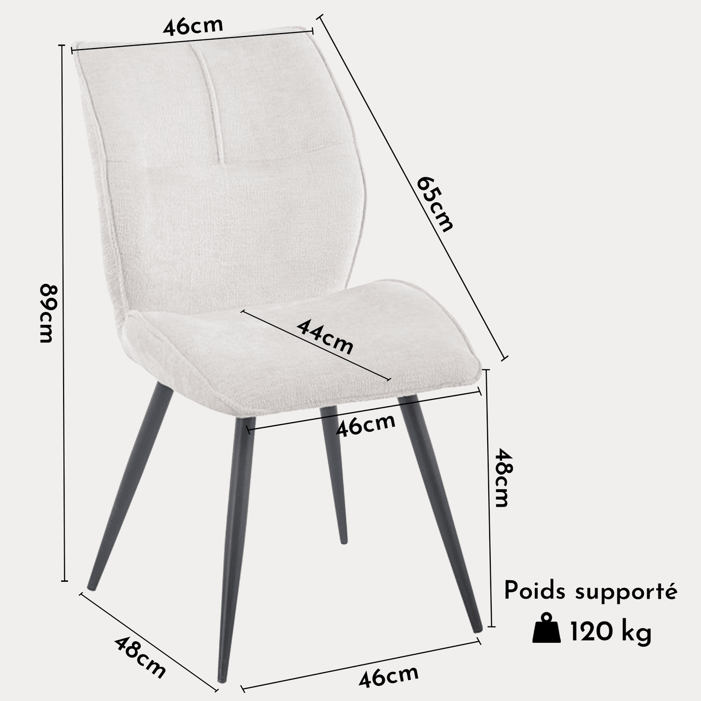 FAYE Lot de 2 chaises en tissu écru pieds en métal noir - Chaise de repas - Mobilier Deco