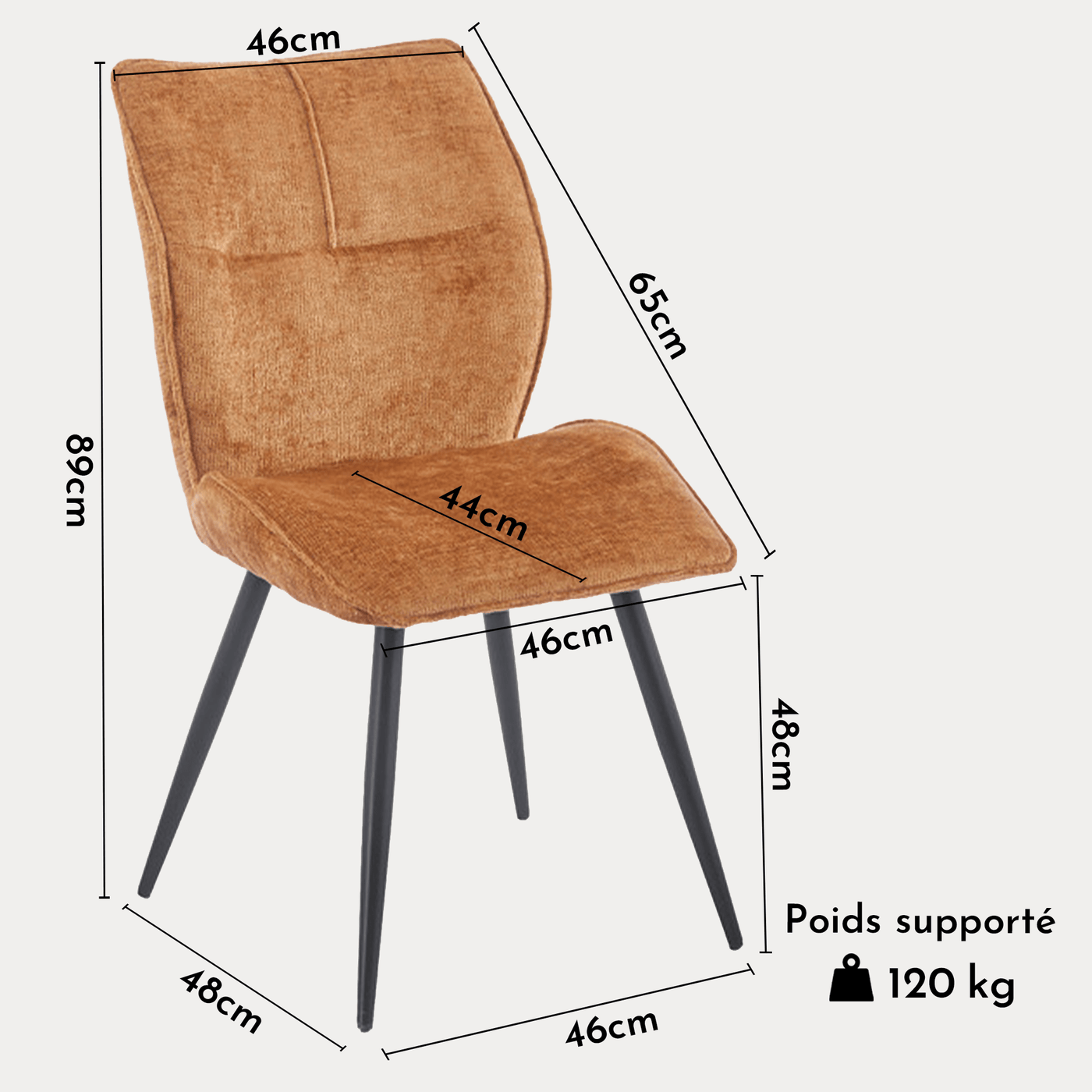 FAYE Lot de 2 chaises en tissu orange pieds en métal noir - Chaise de repas - Mobilier Deco