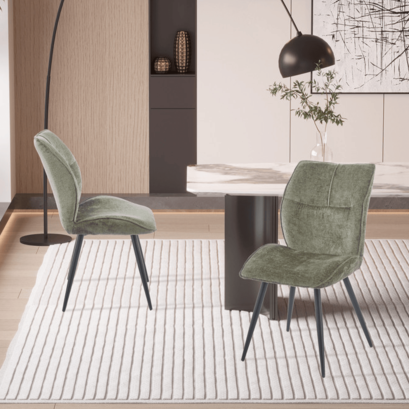 FAYE Lot de 2 chaises en tissu vert pieds en métal noir - Chaise de repas - Mobilier Deco