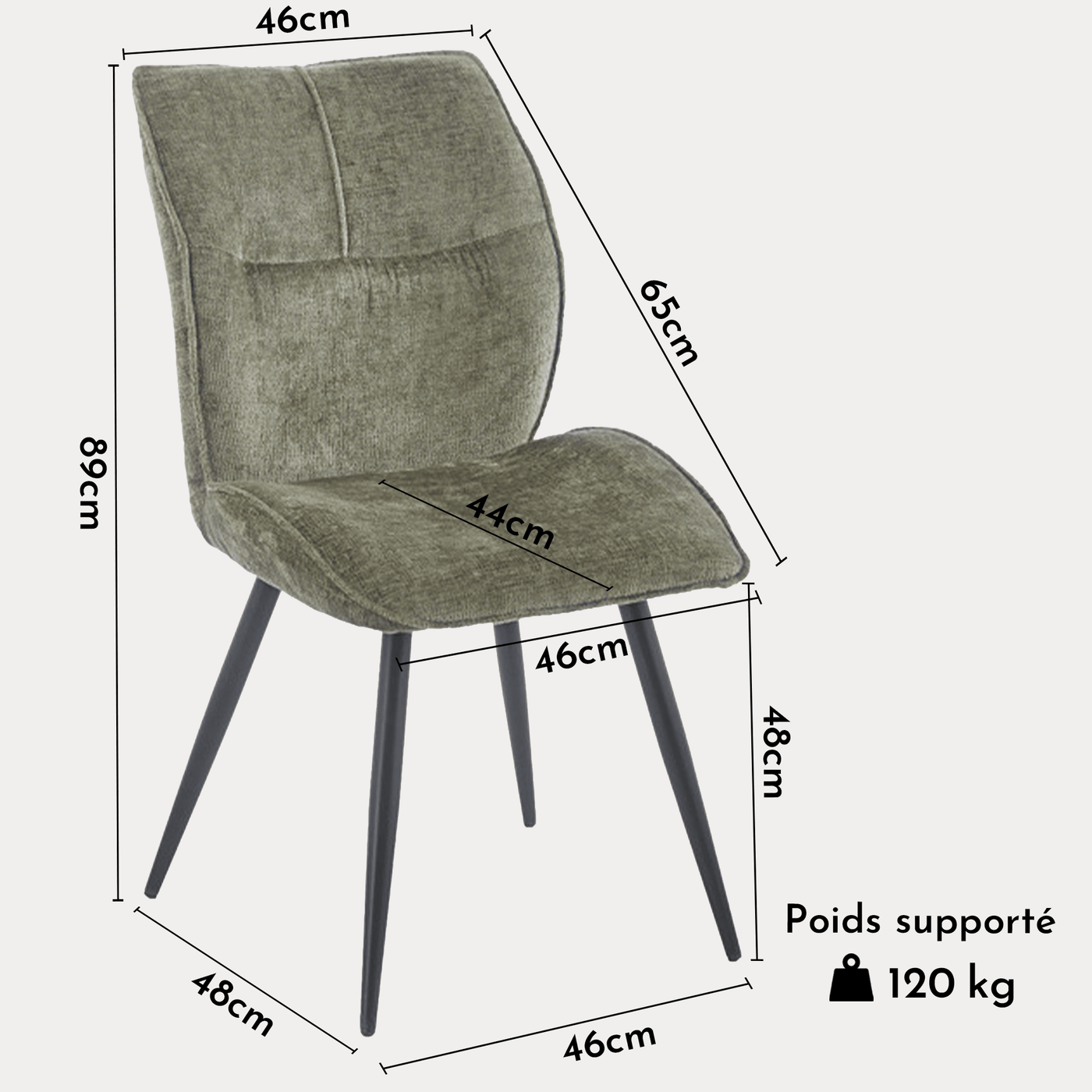 FAYE Lot de 2 chaises en tissu vert pieds en métal noir - Chaise de repas - Mobilier Deco
