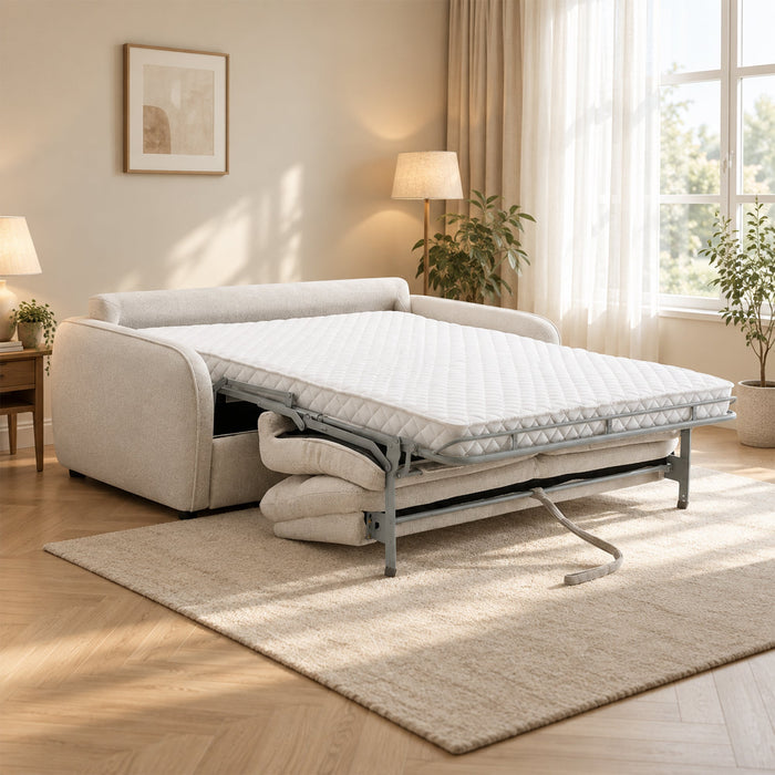 FELYA Canapé 3 places convertible matelas 12 cm en tissu écru – Canapés convertibles – vue 2