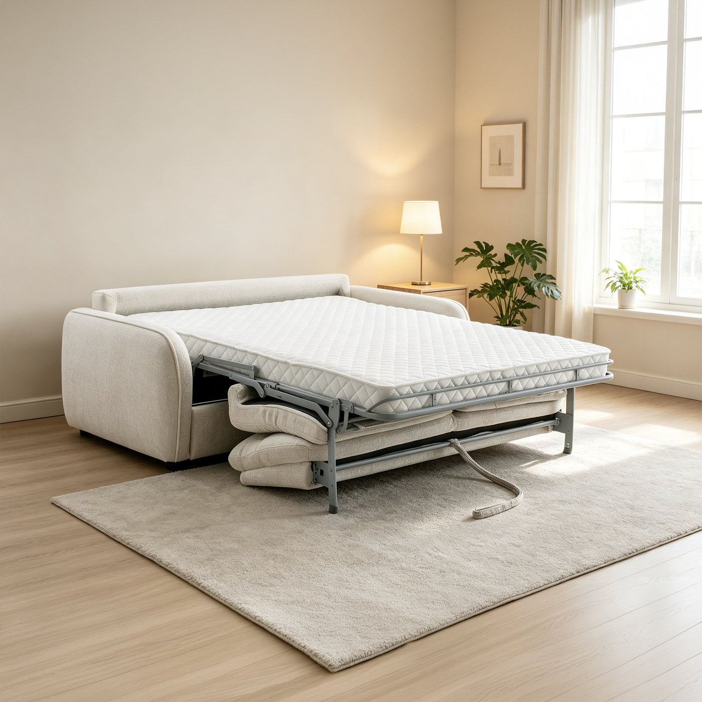 FELYA Canapé 3 places convertible matelas intégré en tissu écru - Canapés convertibles - Mobilier Deco