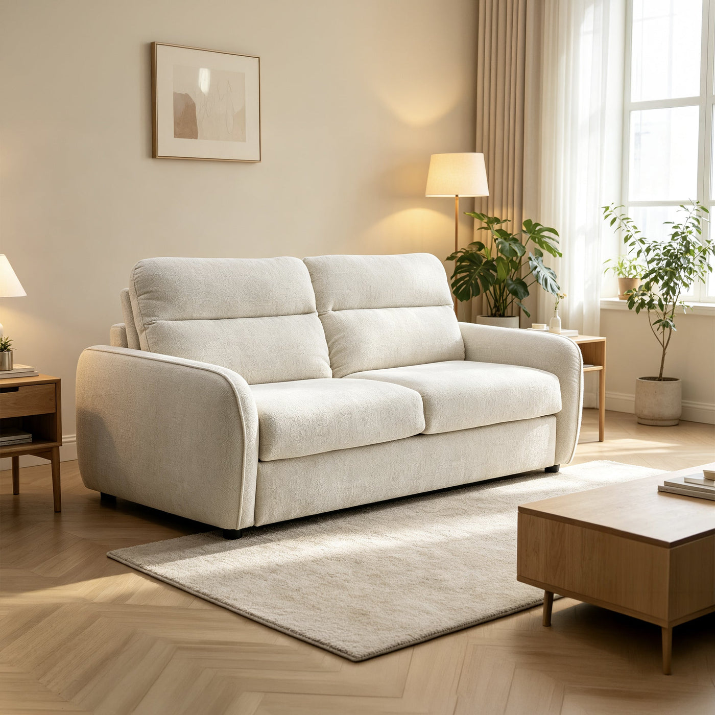 FELYA Canapé 3 places convertible matelas intégré en tissu écru - Canapés convertibles - Mobilier Deco