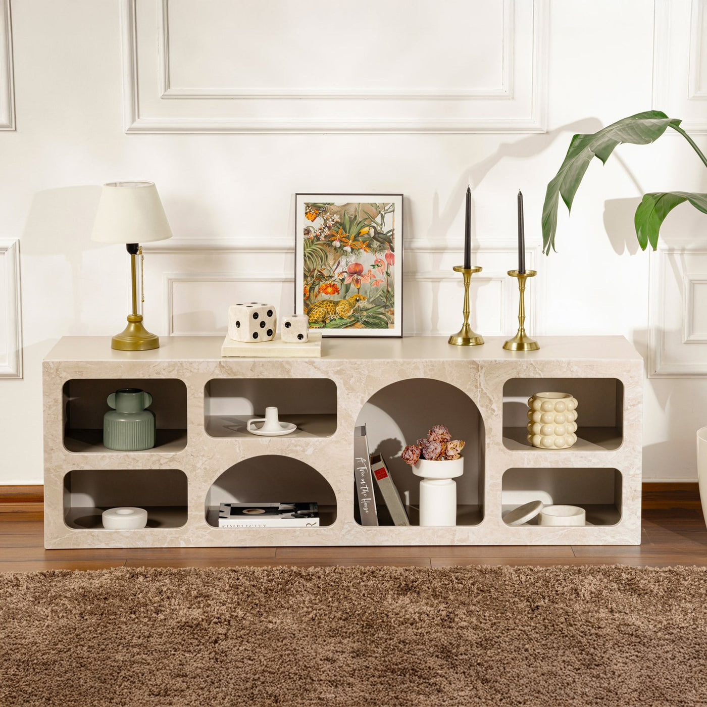 FIANA Meuble TV 7 niches beige - Meuble TV - Mobilier Deco
