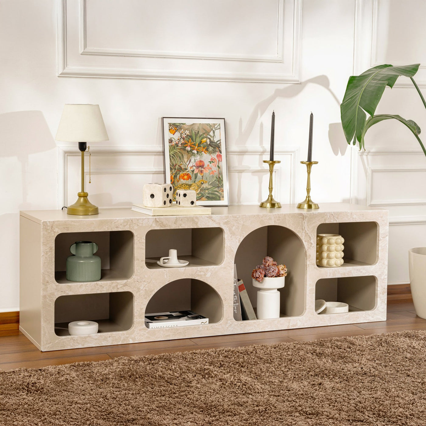 FIANA Meuble TV 7 niches beige - Meuble TV - Mobilier Deco