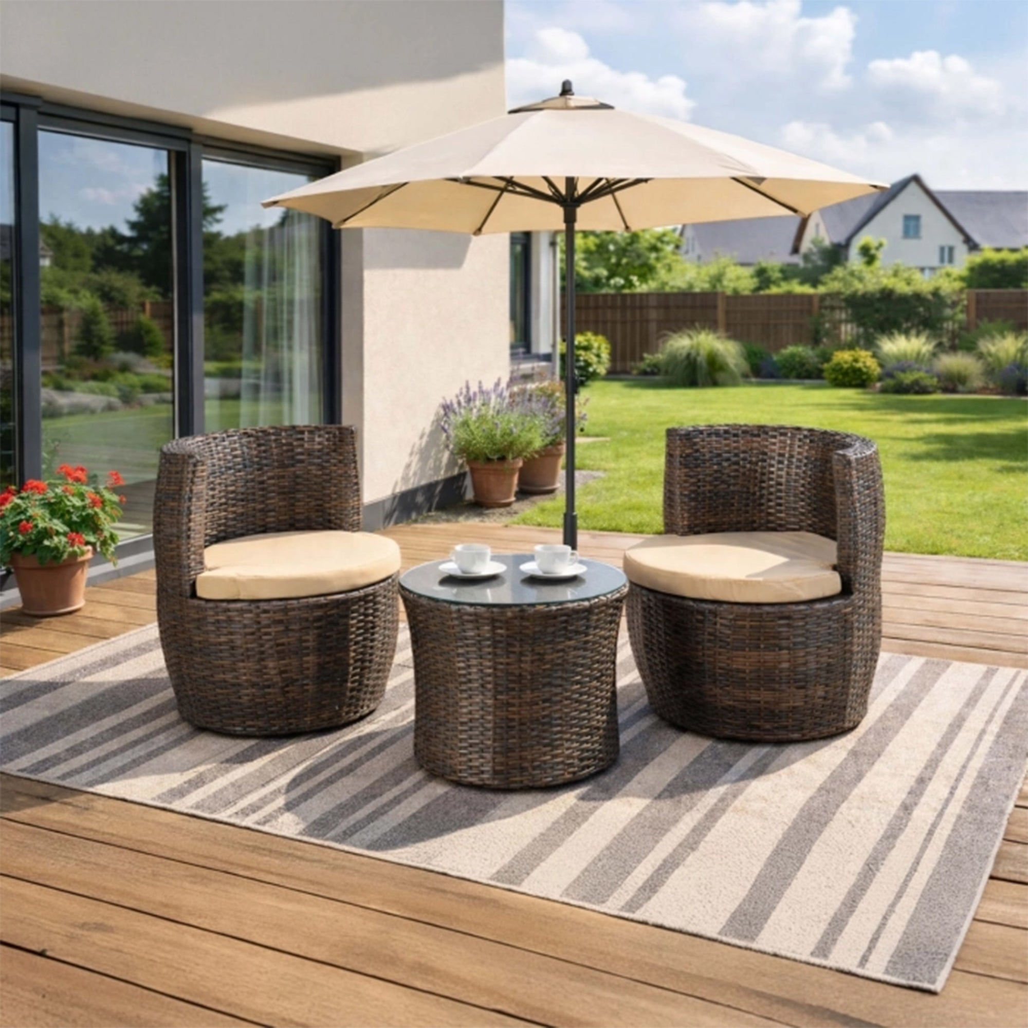 FRIO Ensemble de mobilier de jardin 2 places beige avec table en verre - Mobilier de jardin - Mobilier Deco