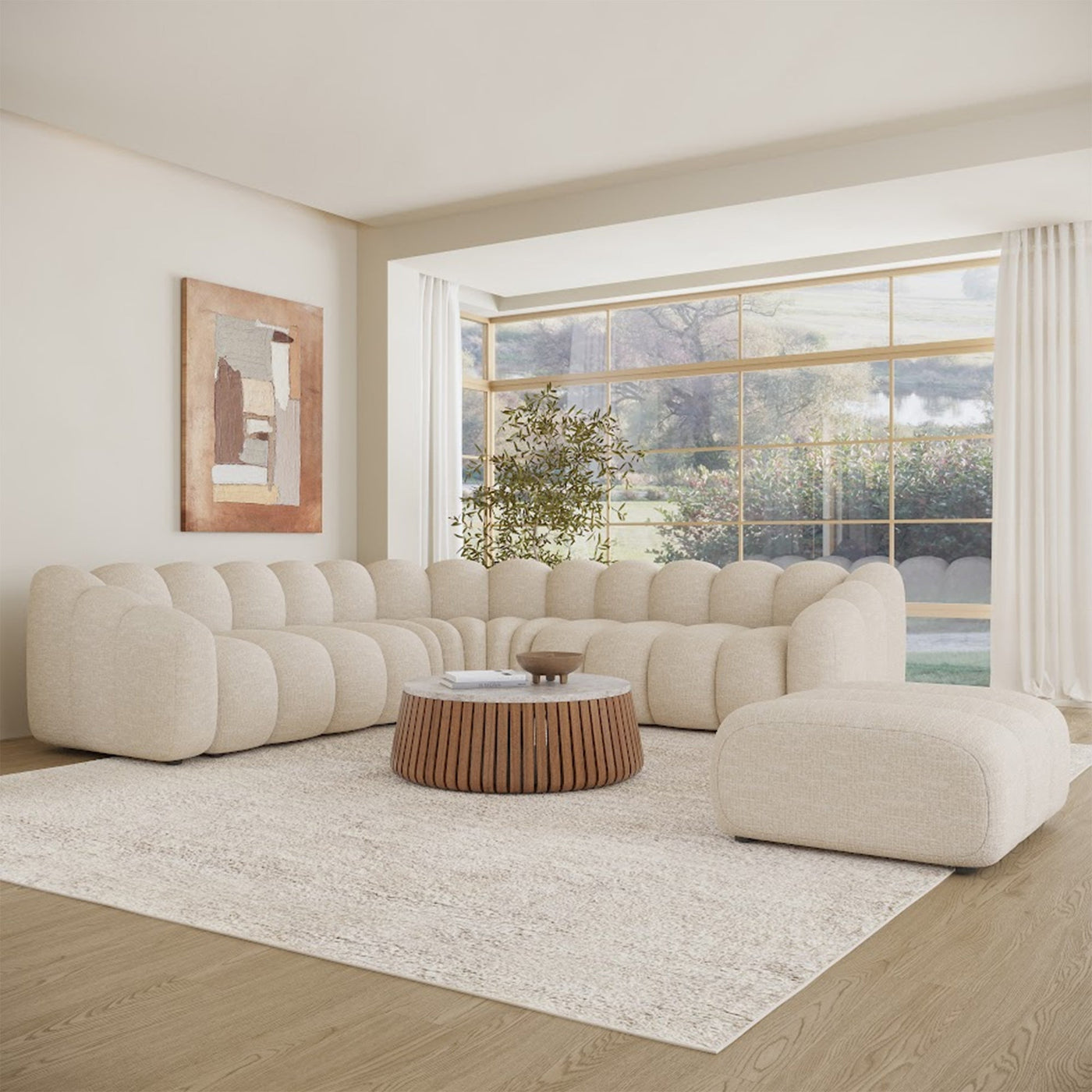 GABYA Pouf rectangle matelassé en tissu beige - Poufs - Mobilier Deco
