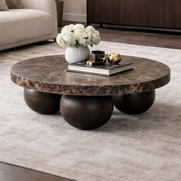 GIORGIA Table basse en marbre d'ingénierie marron pieds rond bois massif noir – Table basse Mobilier Deco