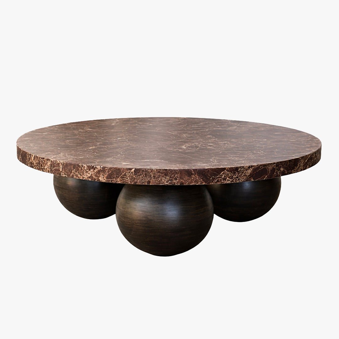 GIORGIA Table basse en marbre d'ingénierie marron pieds rond bois massif noir - Table basse - Mobilier Deco