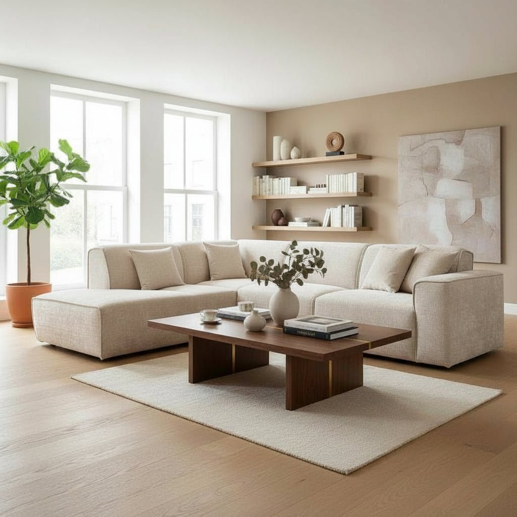 GIULIA XL Canapé d'angle en tissu beige - Angle gauche - Canapés d'angle - Mobilier Deco
