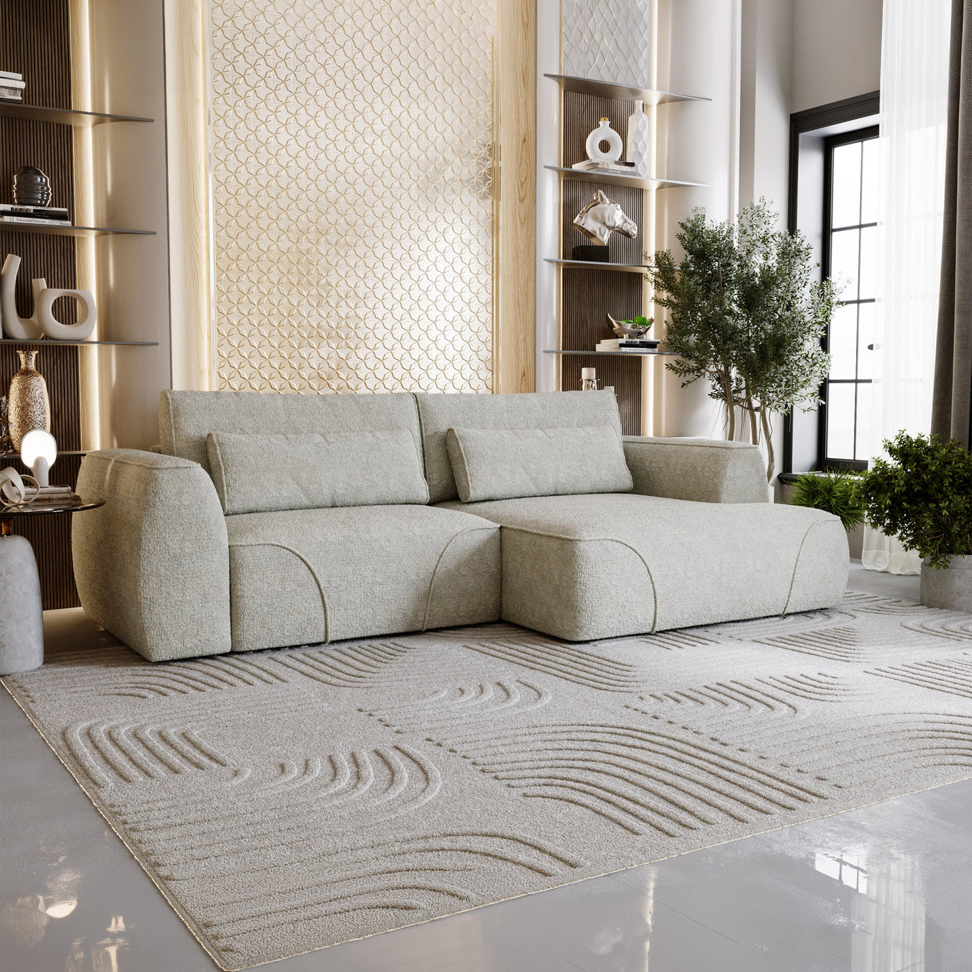GRACE Canapé d'angle convertible avec coffre en tissu beige - Angle droit - Canapé d'angle convertible - Mobilier Deco