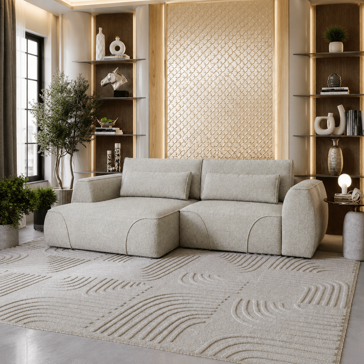 GRACE Canapé d'angle convertible avec coffre en tissu beige - Angle gauche - Canapé d'angle convertible - Mobilier Deco