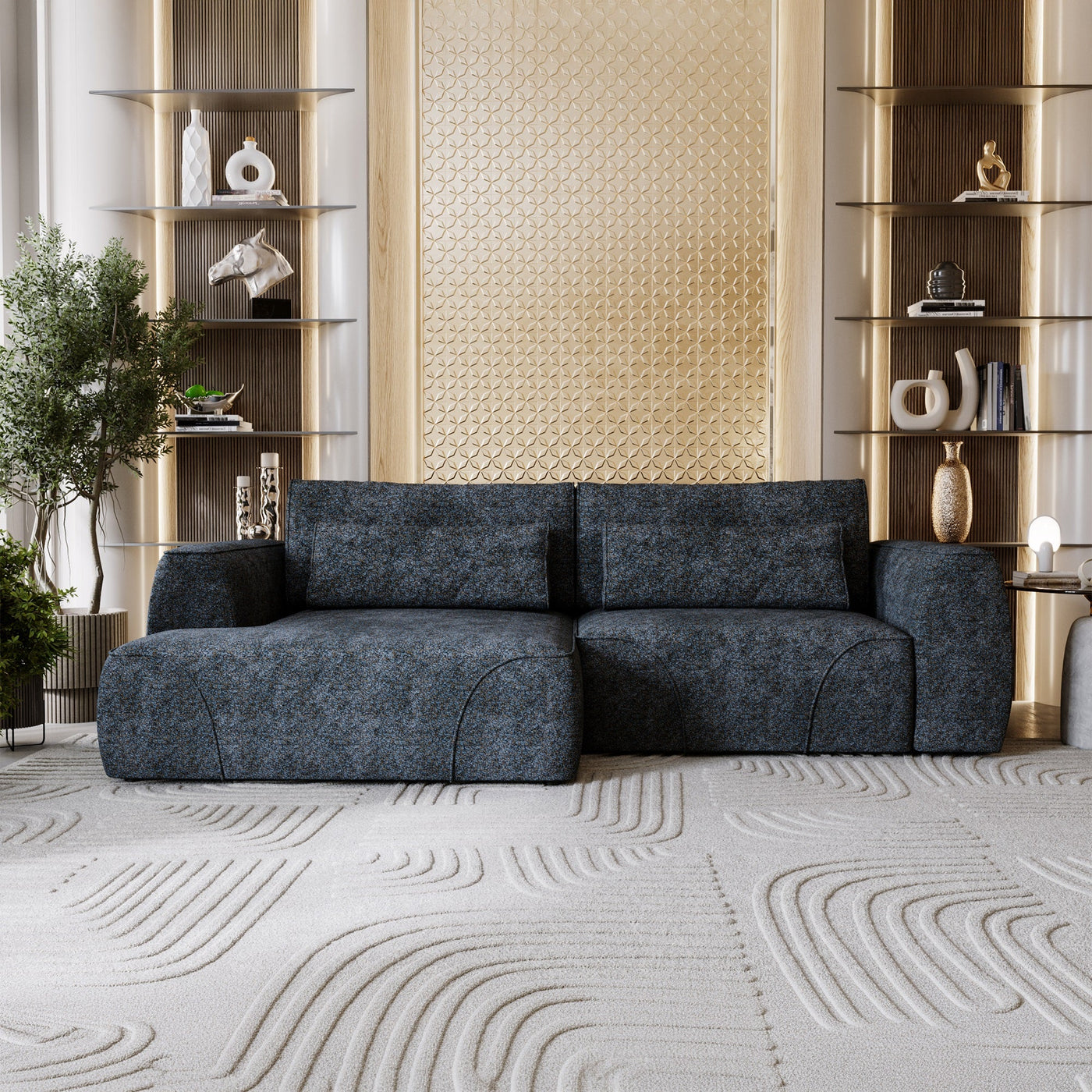 GRACE Canapé d'angle convertible avec coffre en tissu bleu - Angle gauche - Canapé d'angle convertible - Mobilier Deco