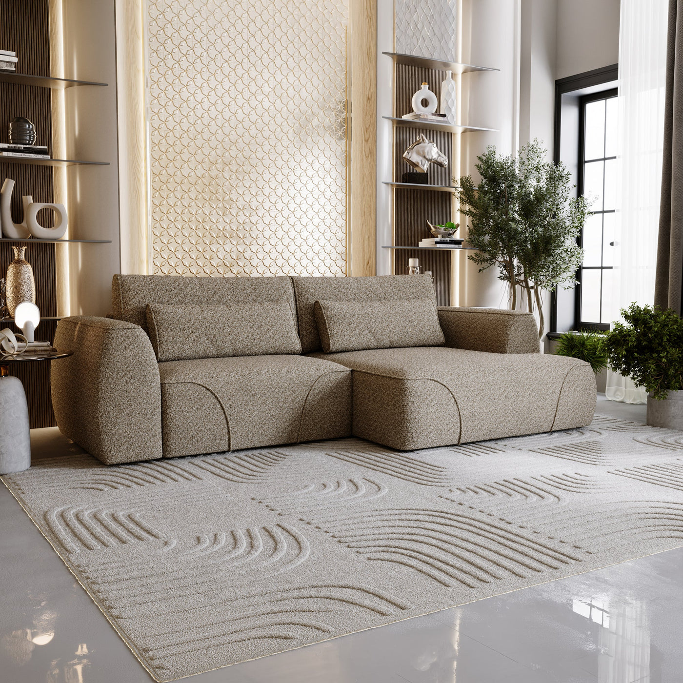 GRACE Canapé d'angle convertible avec coffre en tissu taupe - Angle droit - Canapé d'angle convertible - Mobilier Deco