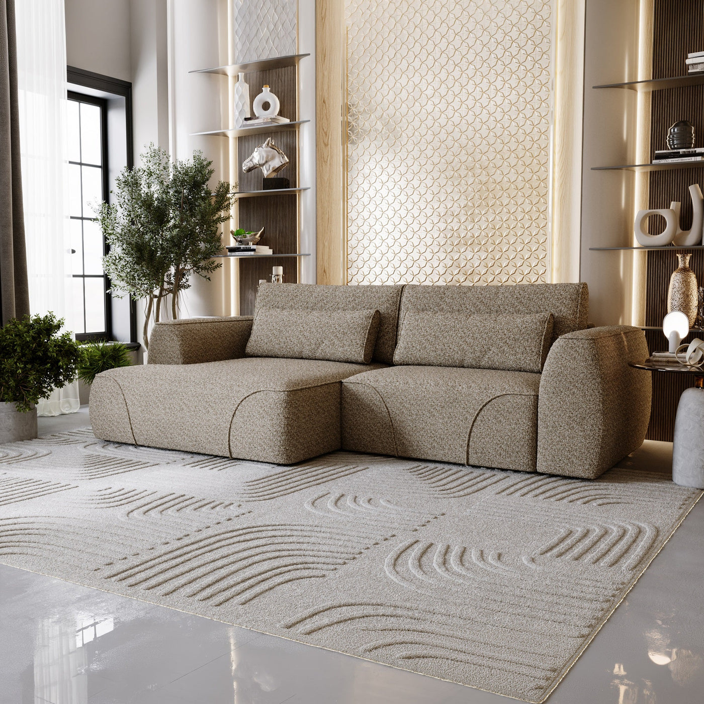 GRACE Canapé d'angle convertible avec coffre en tissu taupe - Angle gauche - Canapé d'angle convertible - Mobilier Deco