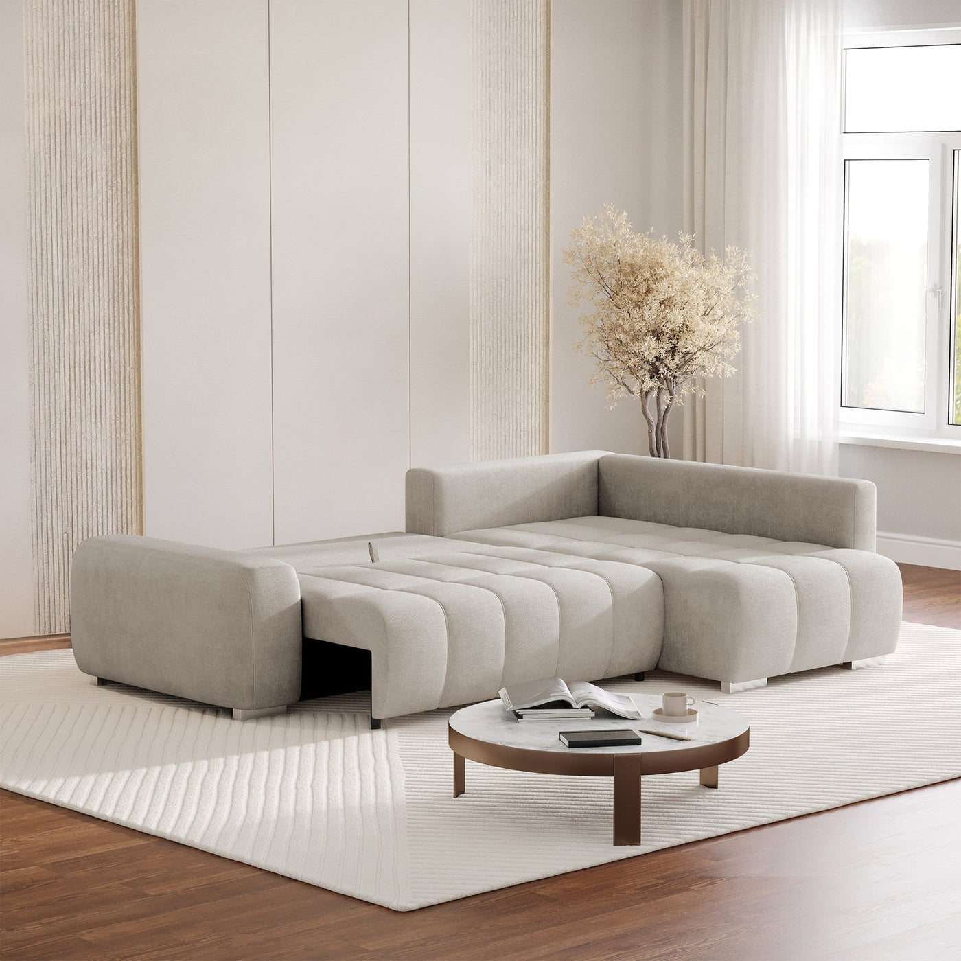 GYLIAN Canapé d'angle réversible et convertible avec coffre en tissu beige - Canapé d'angle convertible - Mobilier Deco