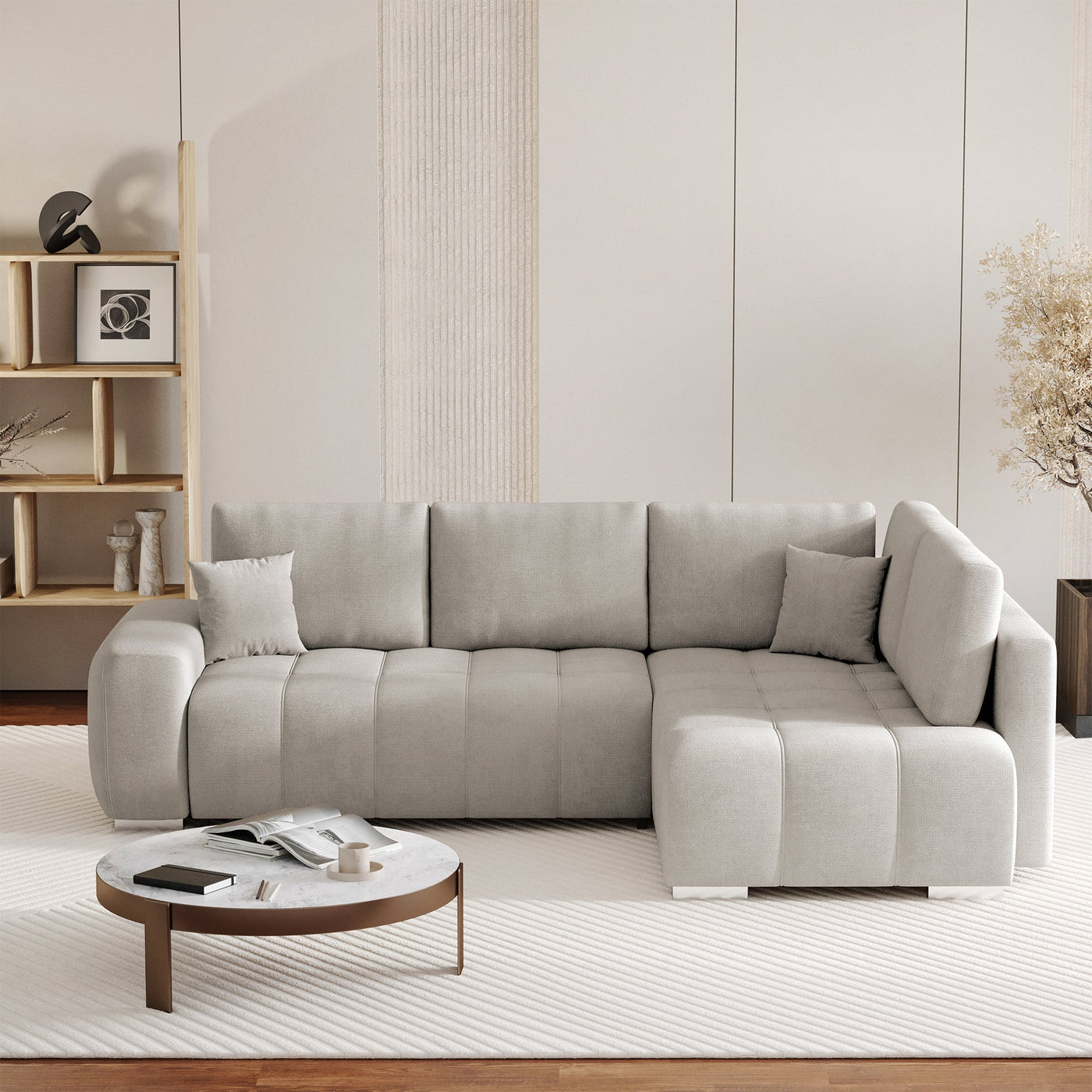GYLIAN Canapé d'angle réversible et convertible avec coffre en tissu beige - Canapé d'angle convertible - Mobilier Deco