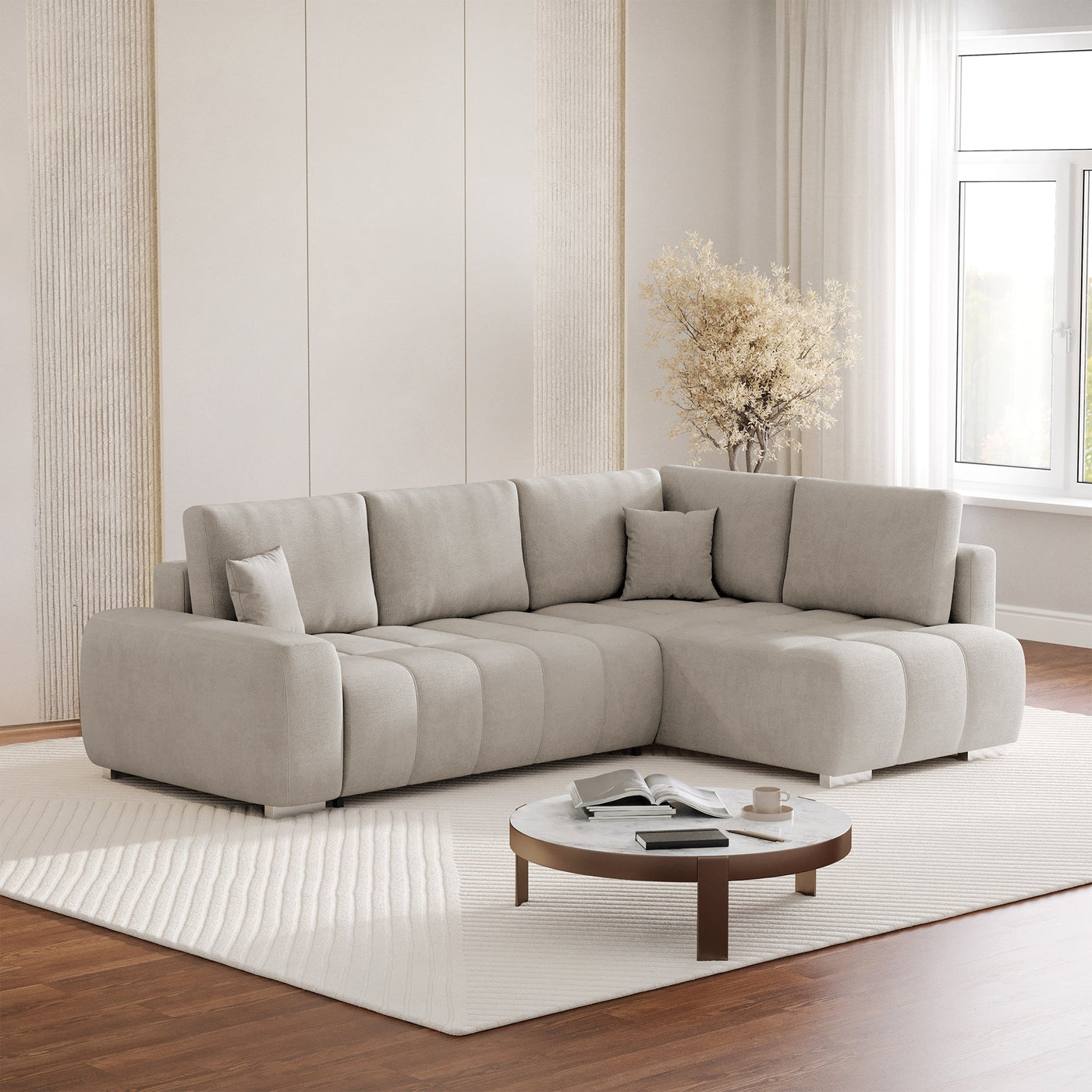 GYLIAN Canapé d'angle réversible et convertible avec coffre en tissu beige - Canapé d'angle convertible - Mobilier Deco