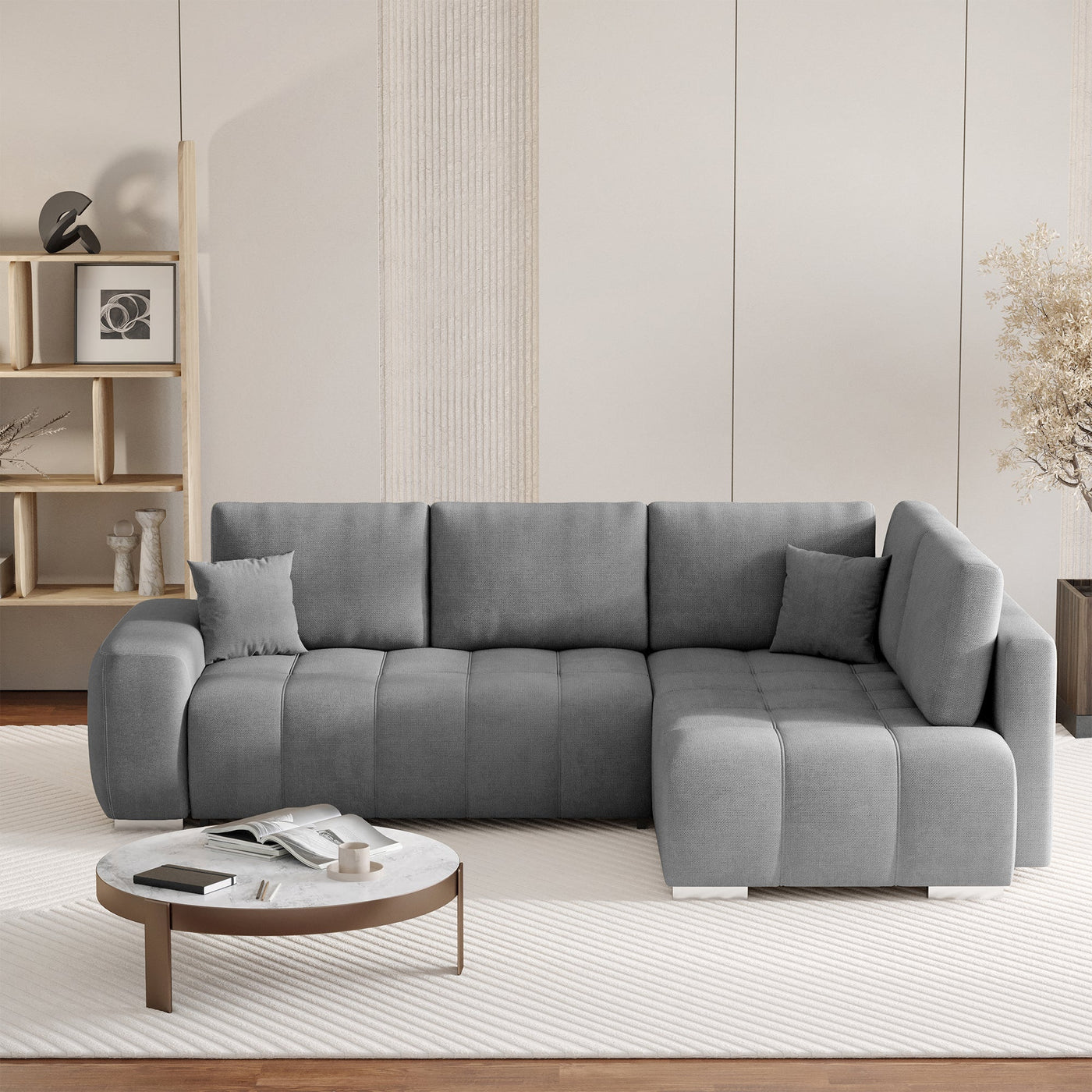 GYLIAN Canapé d'angle réversible et convertible avec coffre en tissu gris - Canapé d'angle convertible - Mobilier Deco