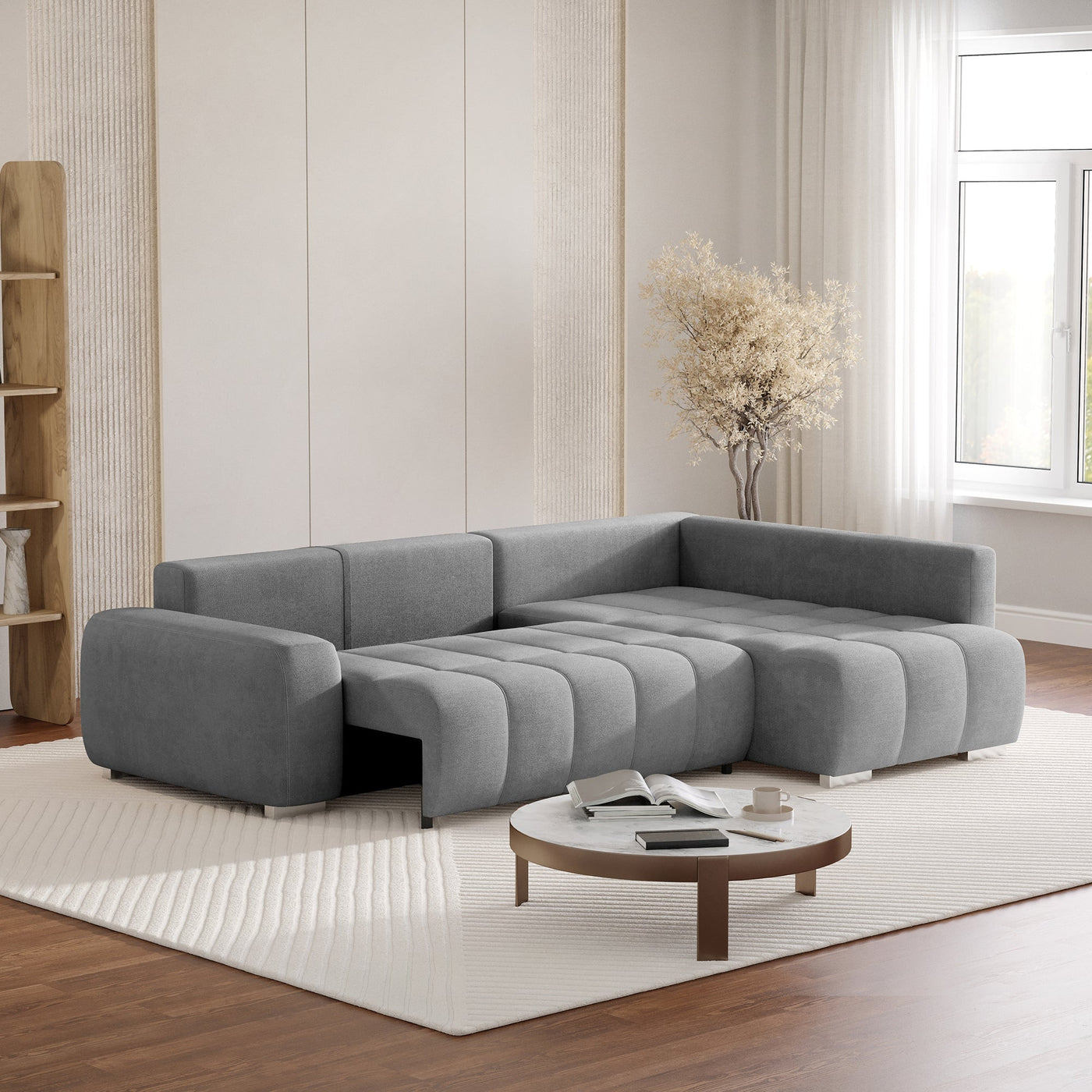 GYLIAN Canapé d'angle réversible et convertible avec coffre en tissu gris - Canapé d'angle convertible - Mobilier Deco