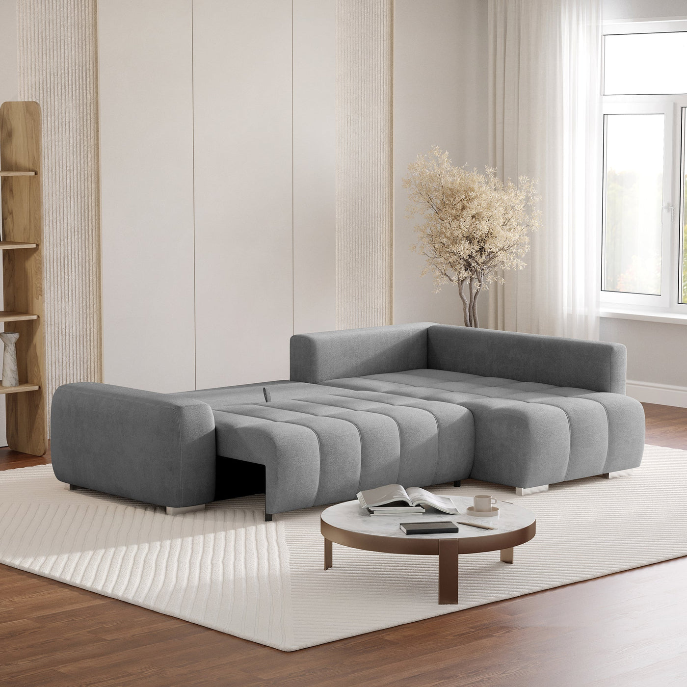 GYLIAN Canapé d'angle réversible et convertible avec coffre en tissu gris - Canapé d'angle convertible - Mobilier Deco