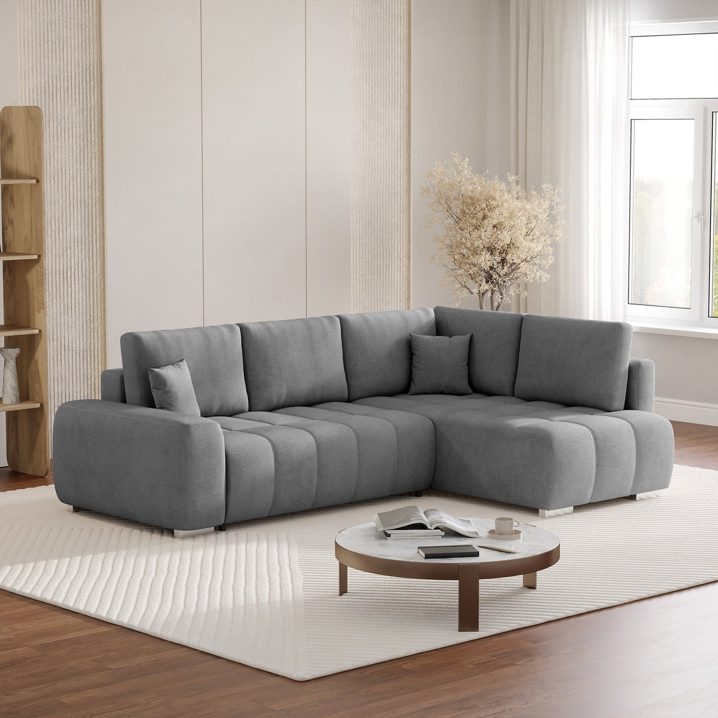 GYLIAN Canapé d'angle réversible et convertible avec coffre en tissu gris - Canapé d'angle convertible - Mobilier Deco