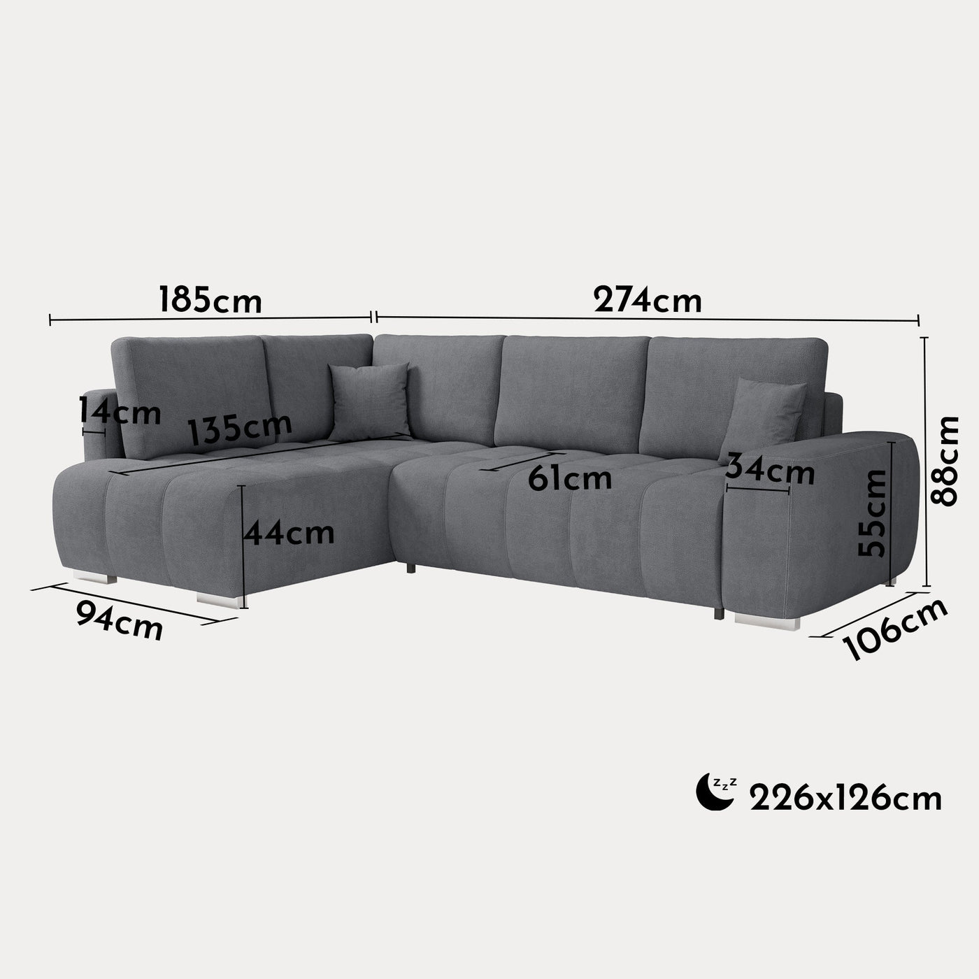 GYLIAN Canapé d'angle réversible et convertible avec coffre en tissu gris - Canapé d'angle convertible - Mobilier Deco