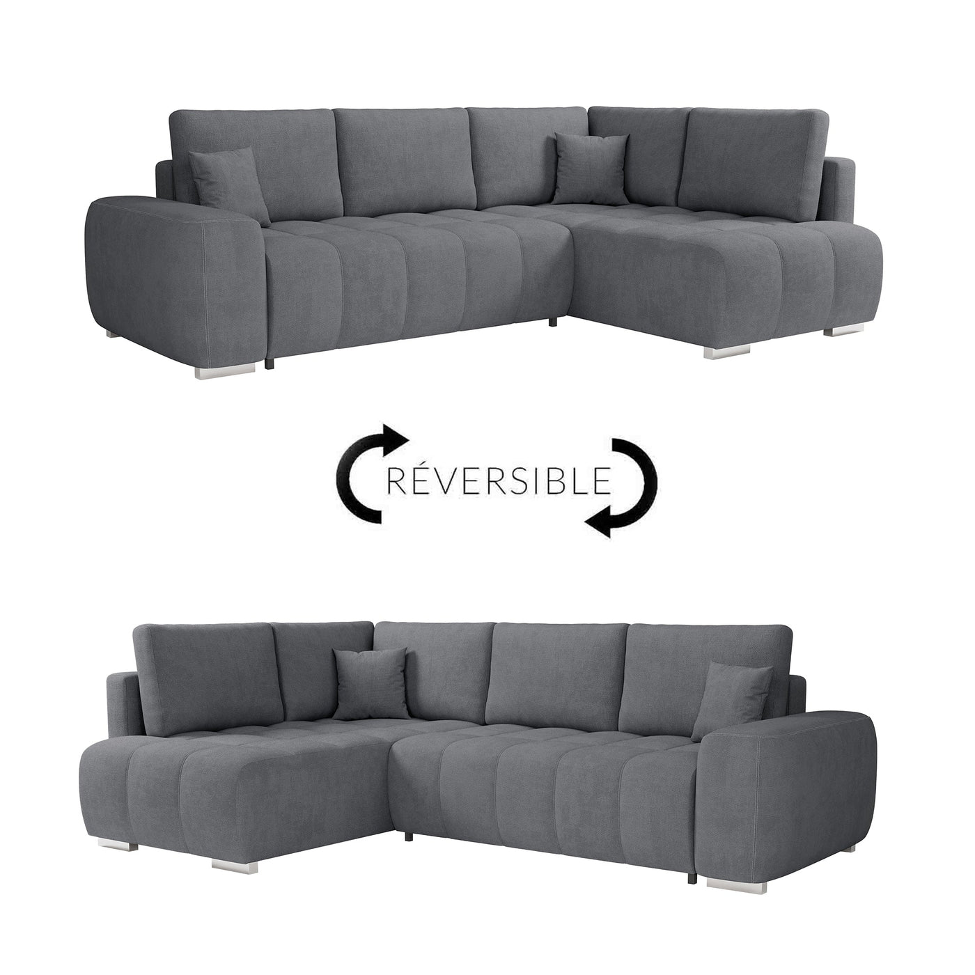 GYLIAN Canapé d'angle réversible et convertible avec coffre en tissu gris - Canapé d'angle convertible - Mobilier Deco