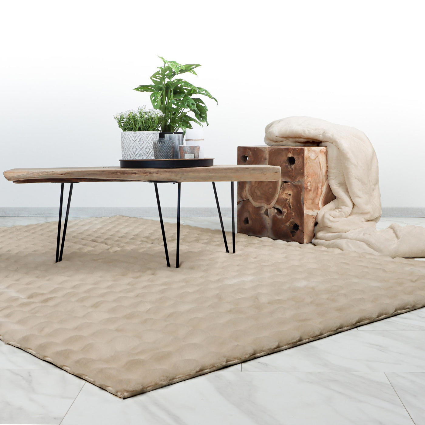 HARMONY Tapis en tissu doux à motif quadrillé beige - 80x150 cm - Tapis - Mobilier Deco