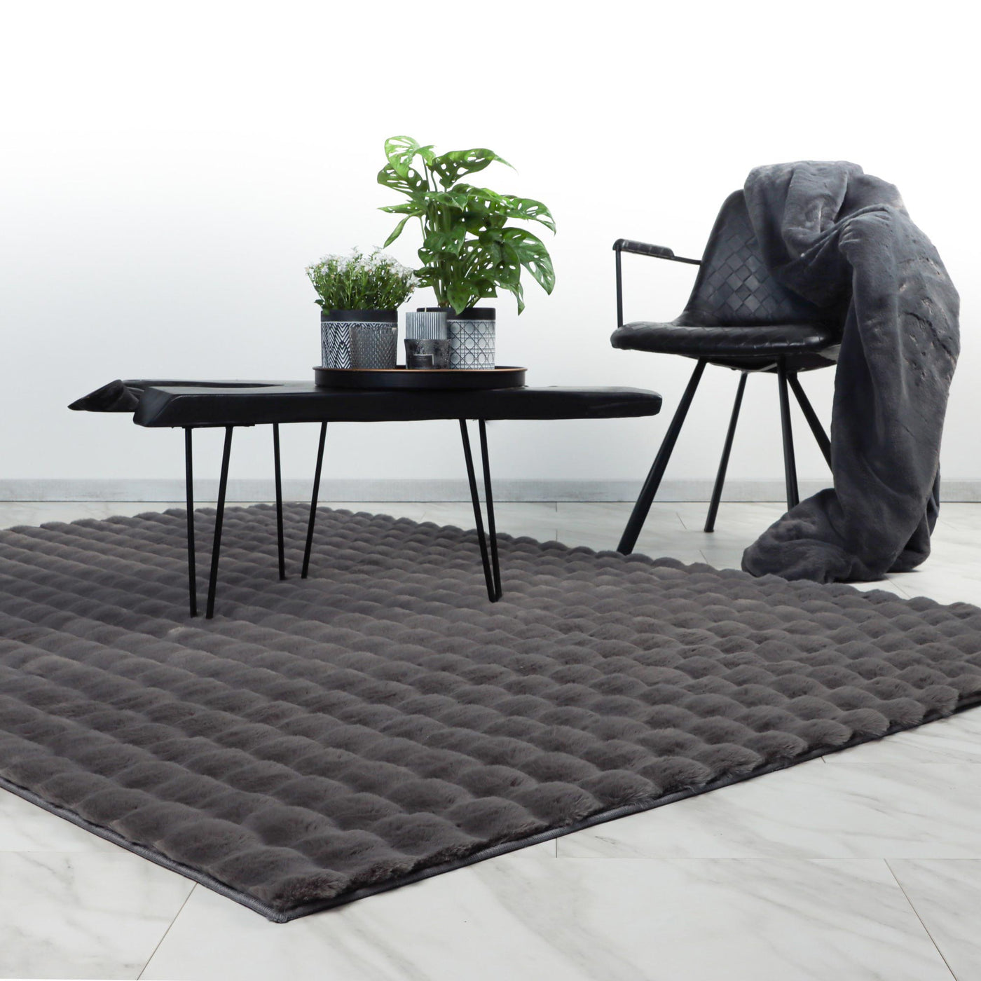 HARMONY Tapis en tissu doux à motif quadrillé gris foncé- 120x170 cm - Tapis - Mobilier Deco