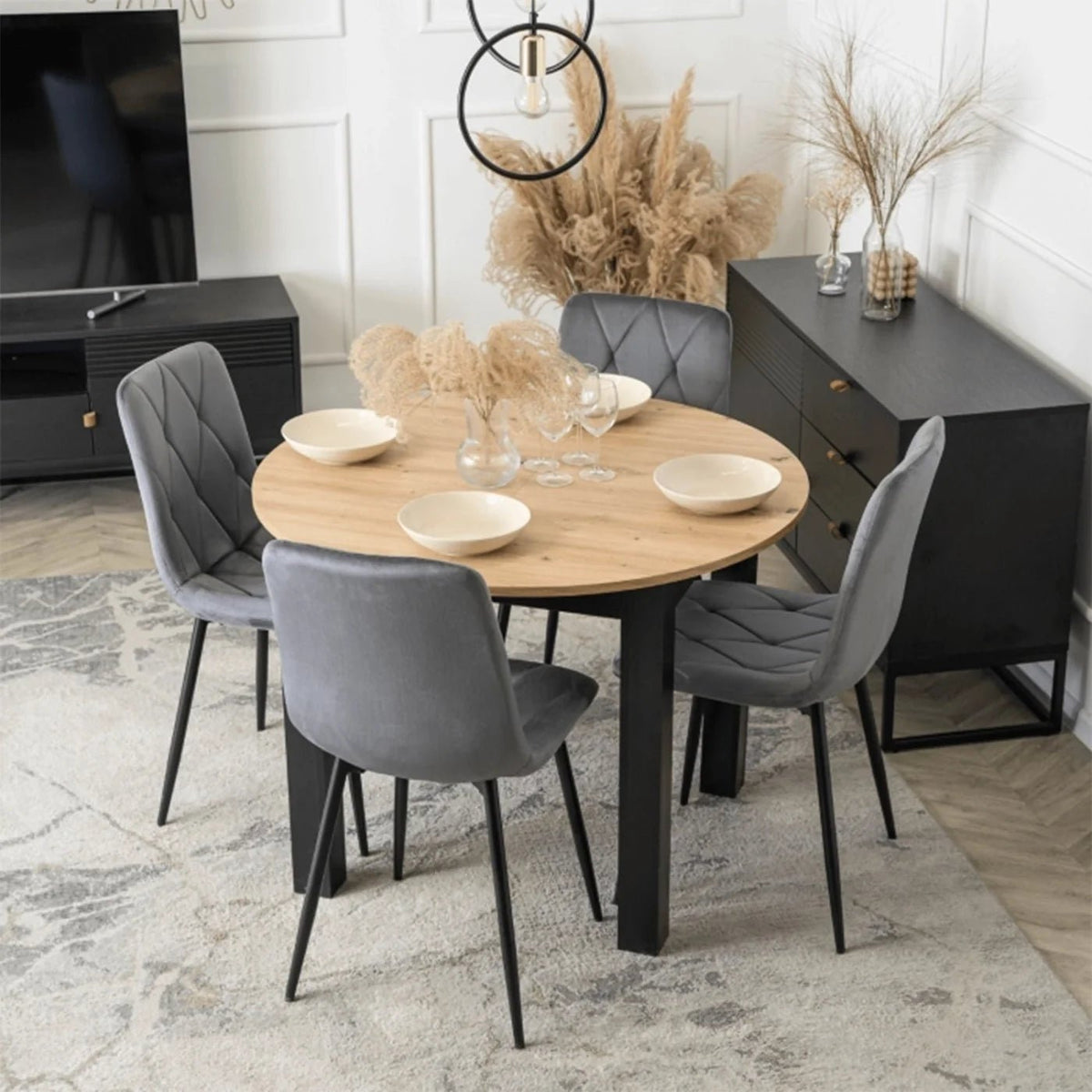 HARRY Table à manger ronde extensible couleur bois clair pieds métal noir 102-142 cm - Table à manger - Mobilier Deco